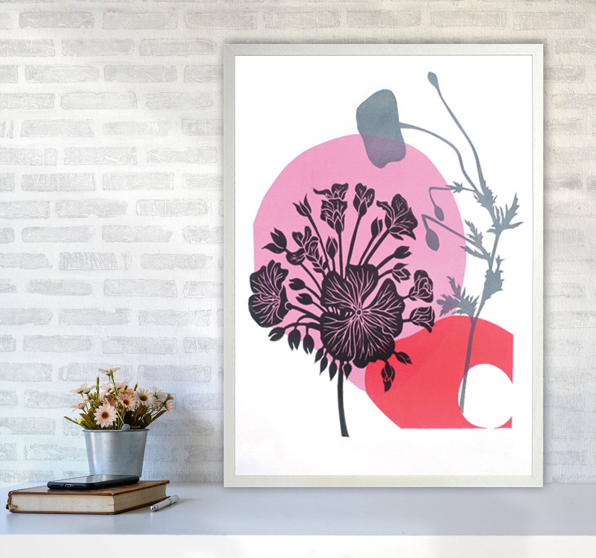Geranium & Poppy Art Print by Kate Heiss A1 Oak Frame