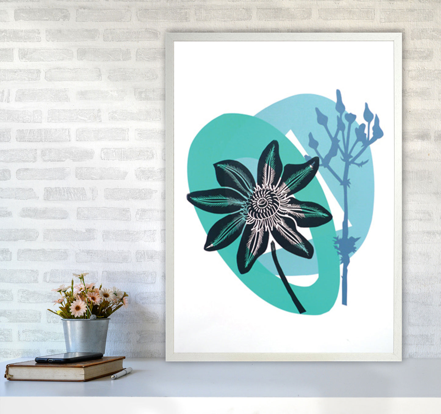 Clematis & Ragwort postcard Art Print by Kate Heiss A1 Oak Frame
