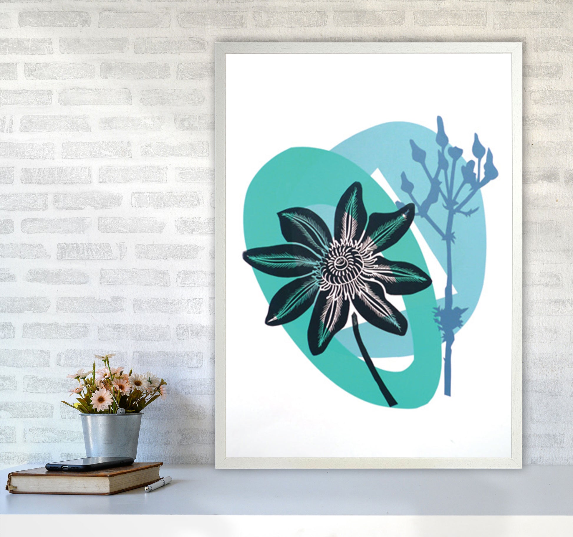 Clematis & Ragwort postcard Art Print by Kate Heiss A1 Oak Frame