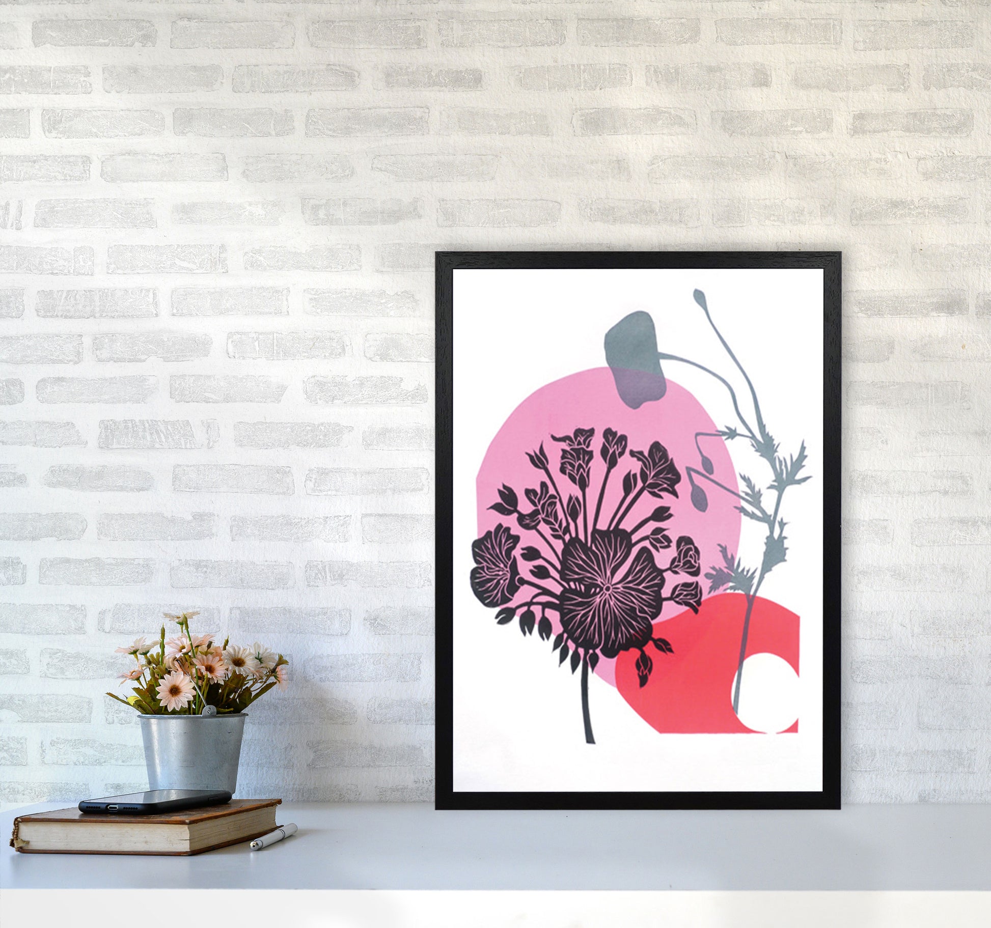 Geranium & Poppy Art Print by Kate Heiss A2 White Frame