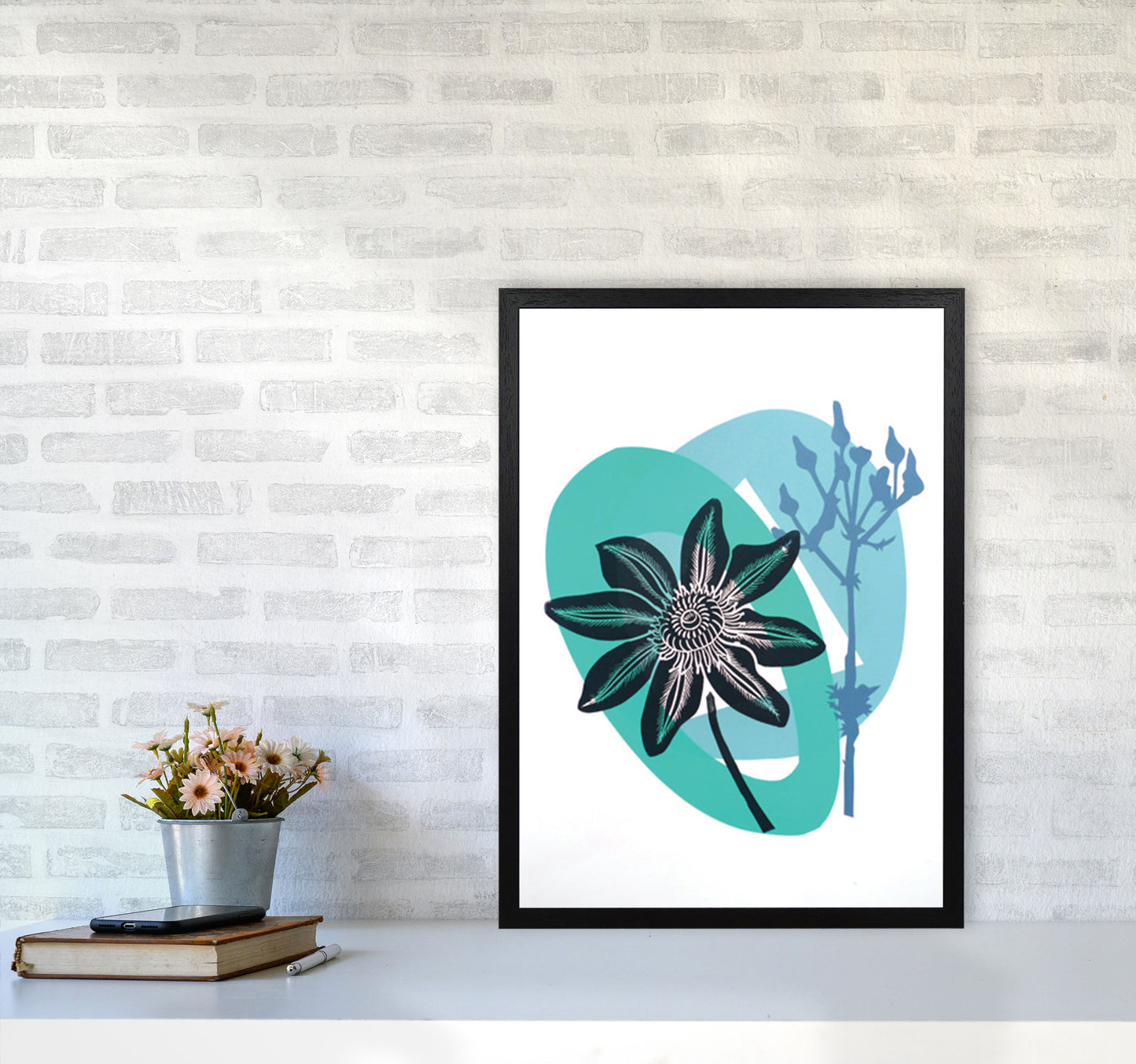 Clematis & Ragwort postcard Art Print by Kate Heiss A2 White Frame