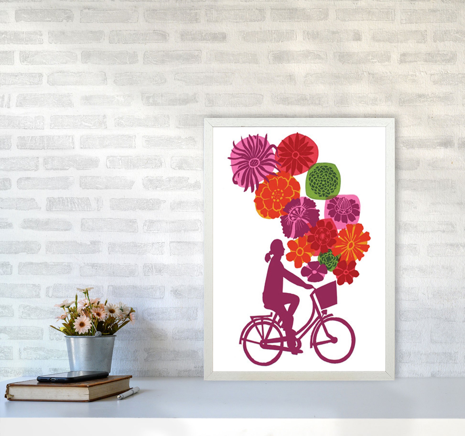 Bike Blooms Art Print by Kate Heiss A2 Oak Frame