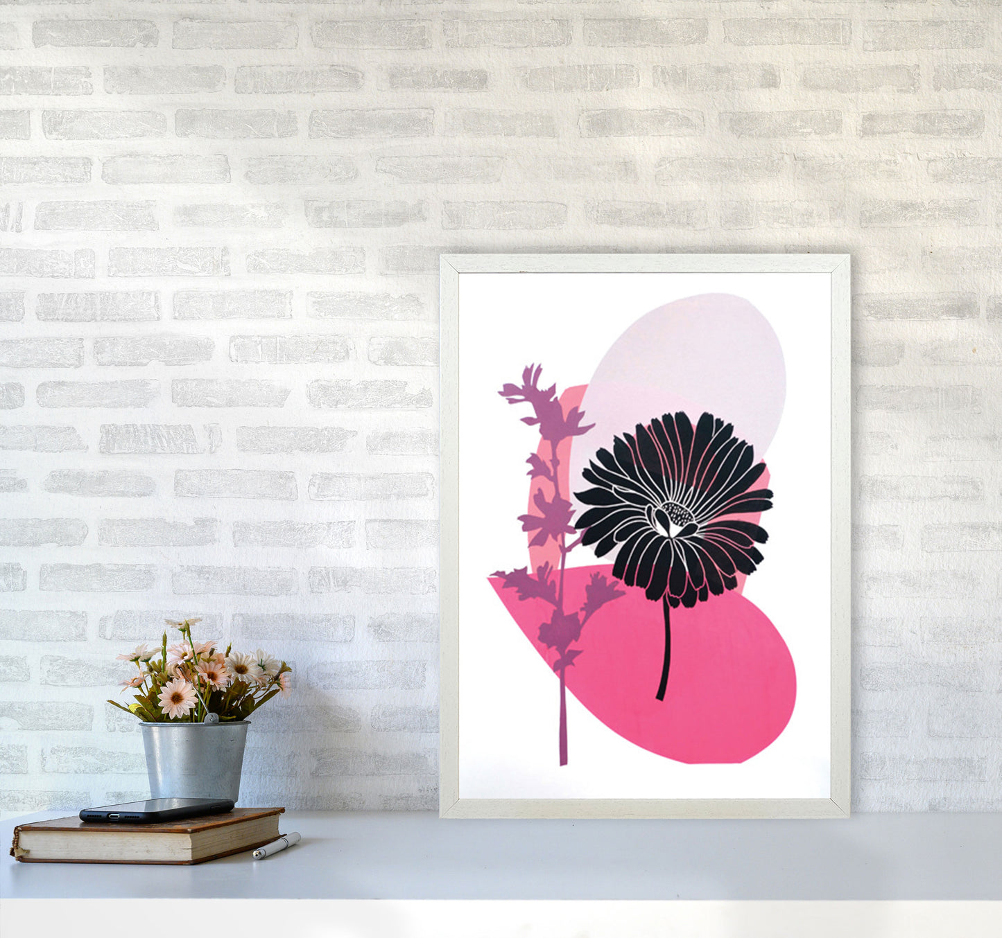 Calendula & Mallow Art Print by Kate Heiss A2 Oak Frame
