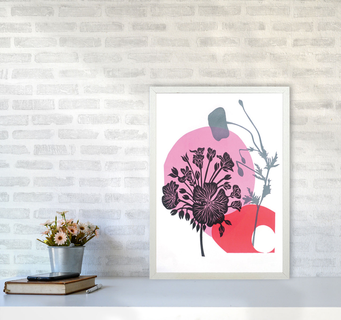 Geranium & Poppy Art Print by Kate Heiss A2 Oak Frame