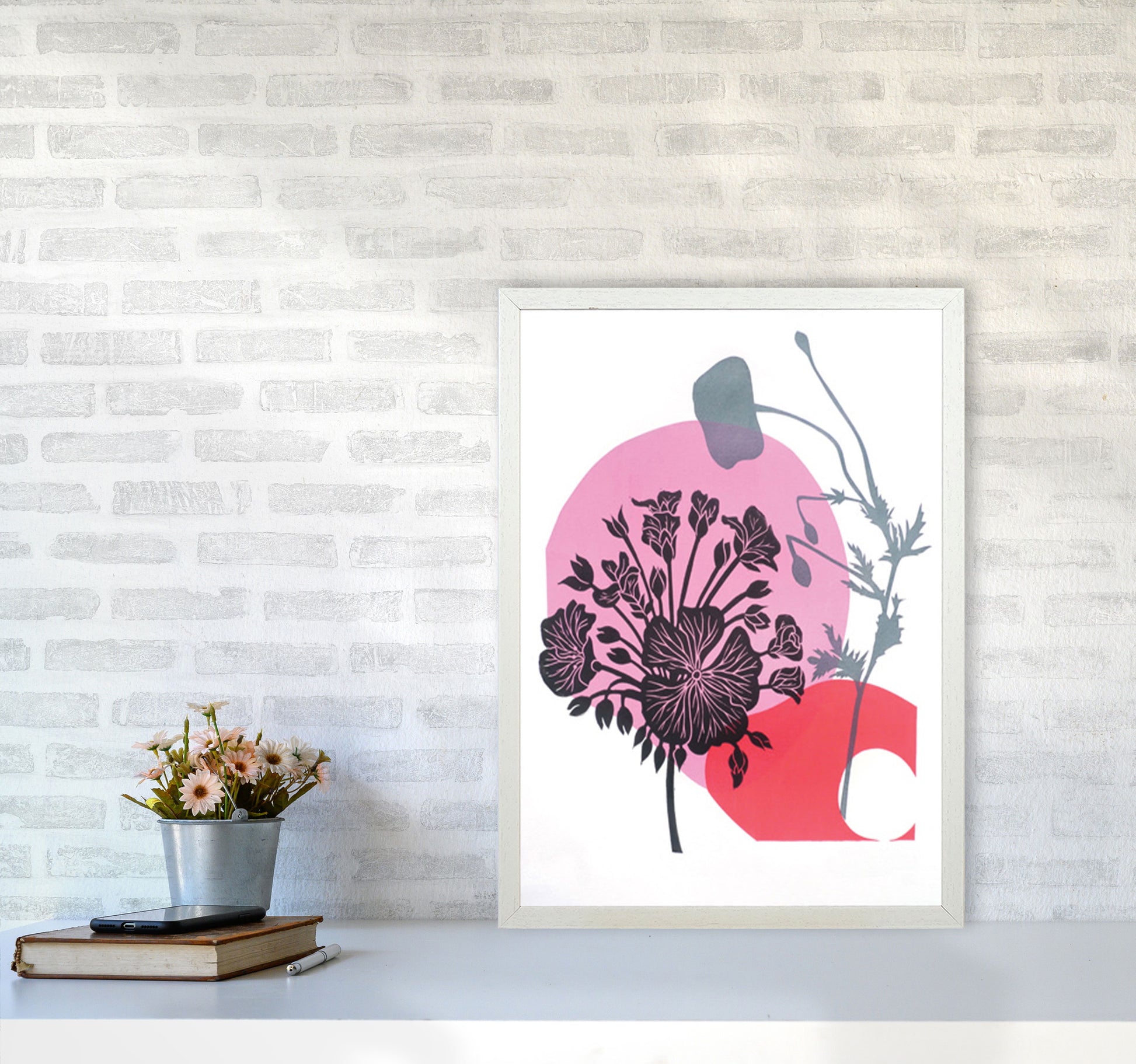 Geranium & Poppy Art Print by Kate Heiss A2 Oak Frame