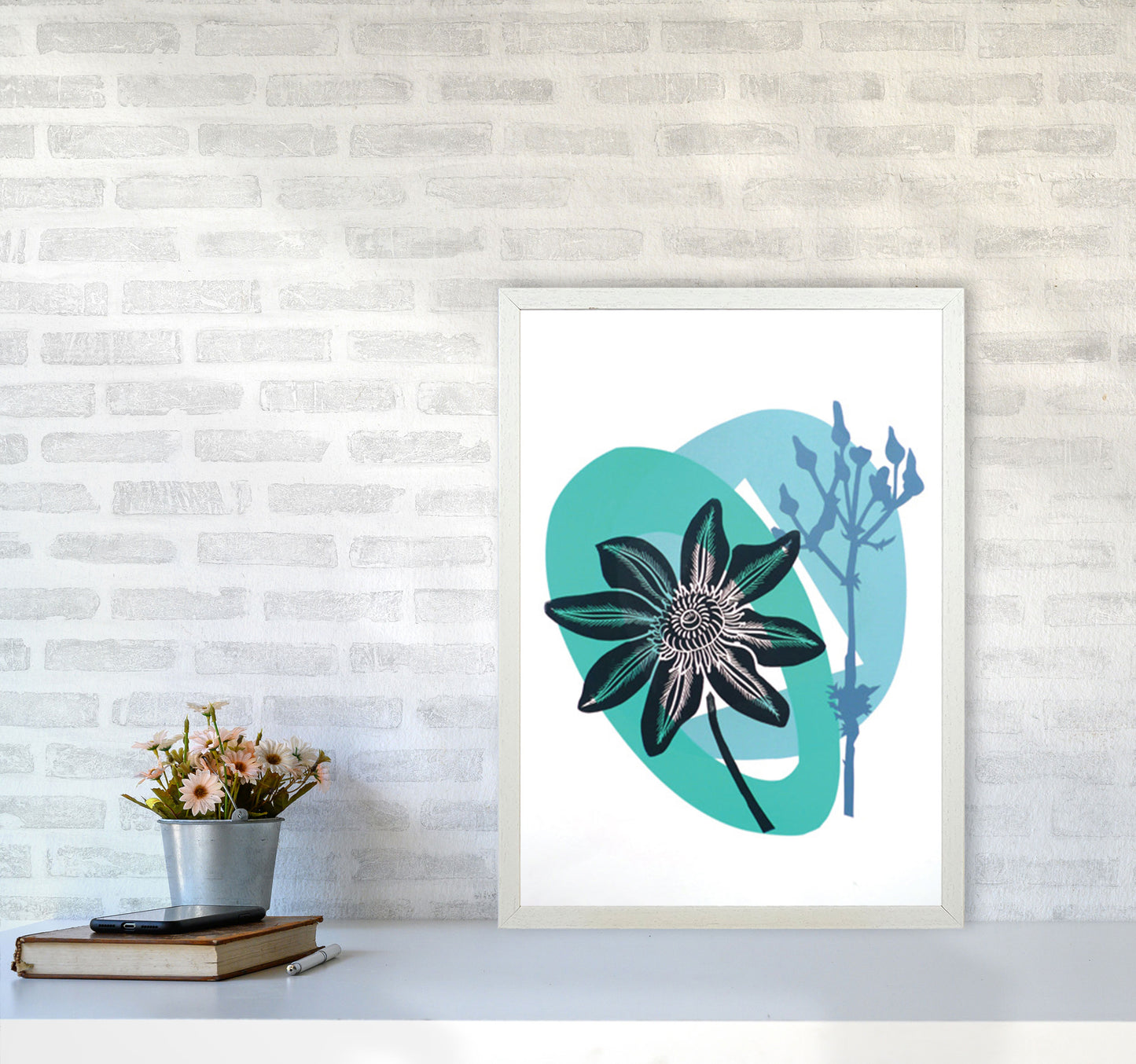 Clematis & Ragwort postcard Art Print by Kate Heiss A2 Oak Frame