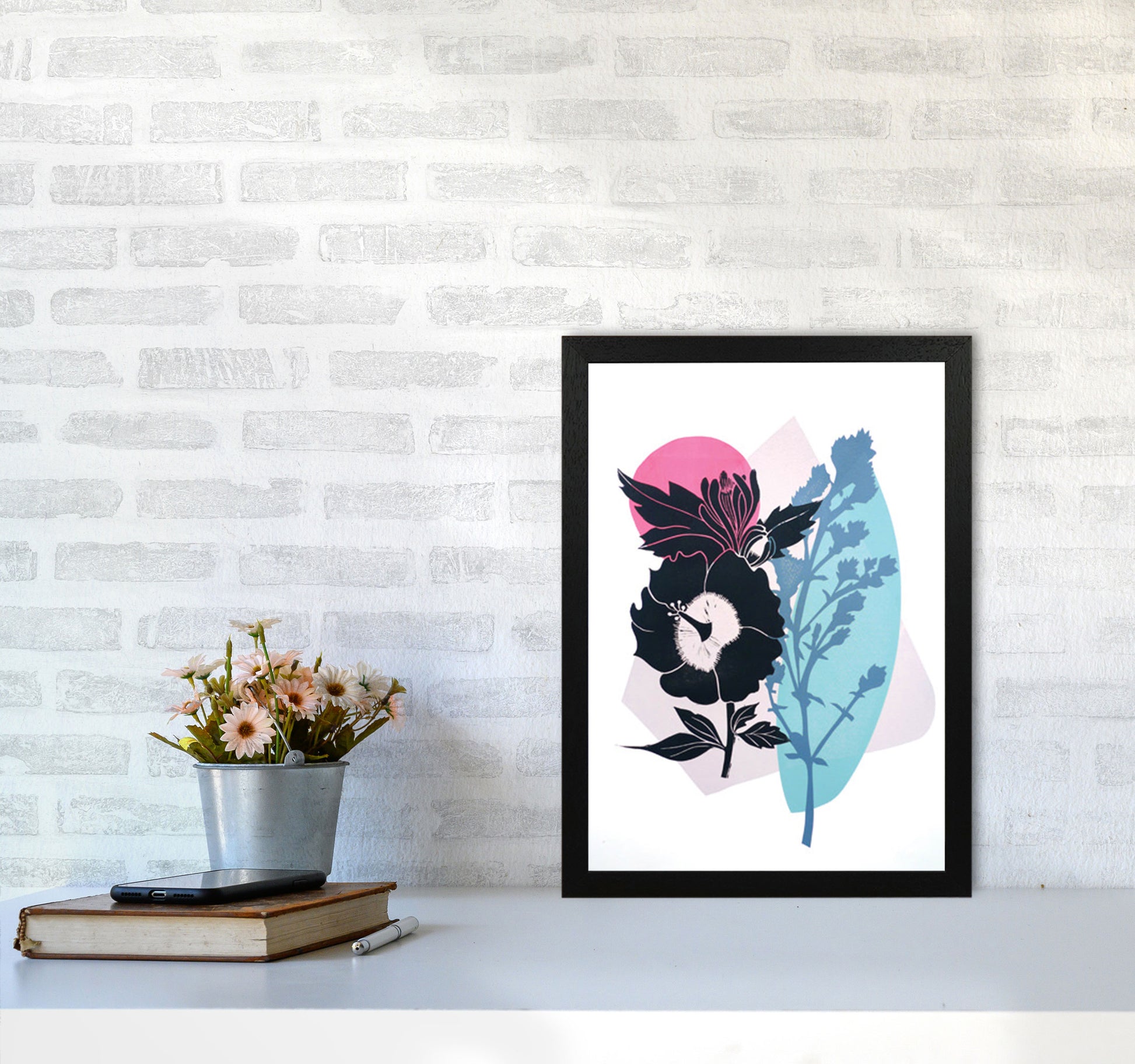 Hibiscus & Feverfew postcard Art Print by Kate Heiss A3 White Frame
