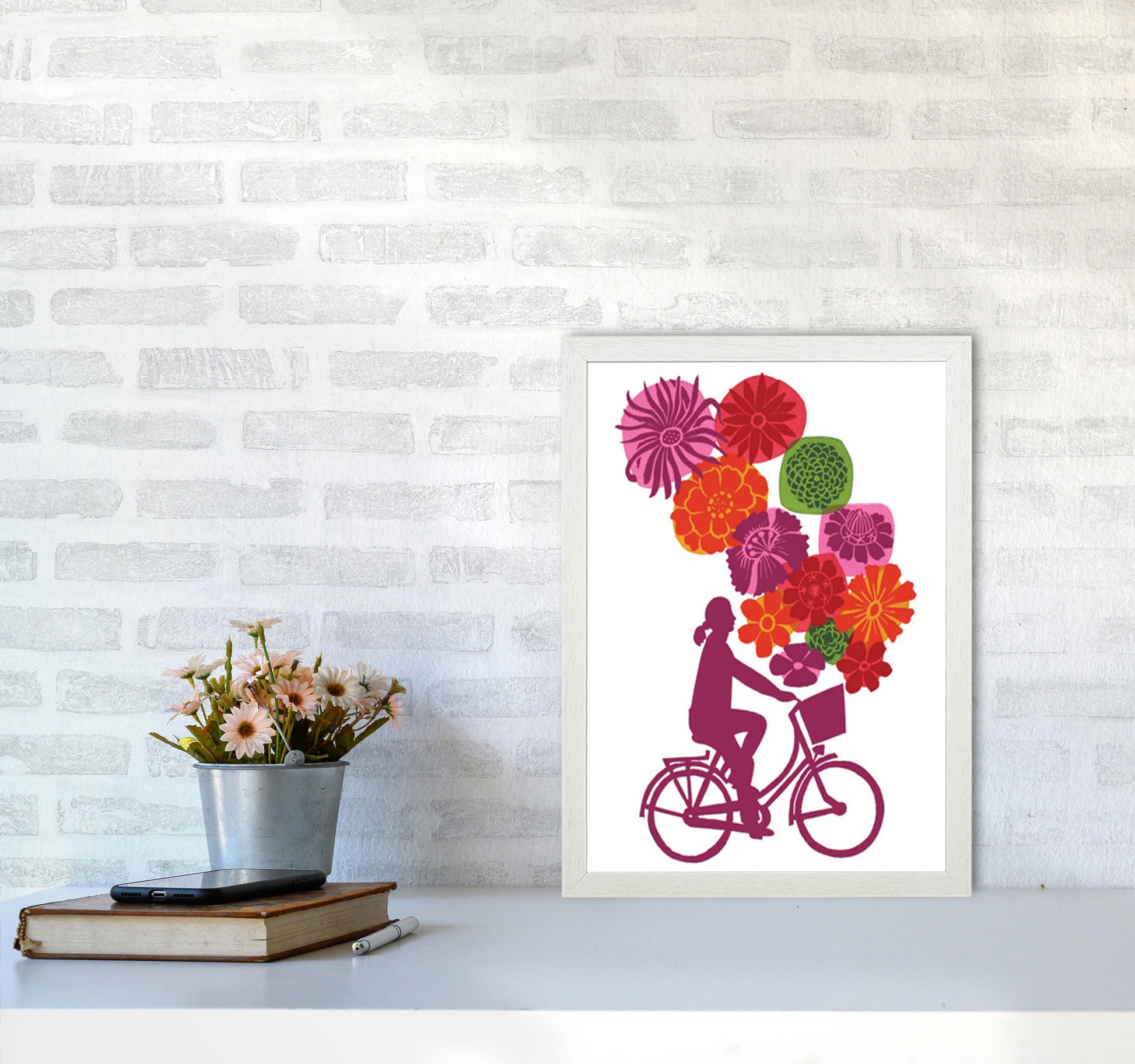 Bike Blooms Art Print by Kate Heiss A3 Oak Frame