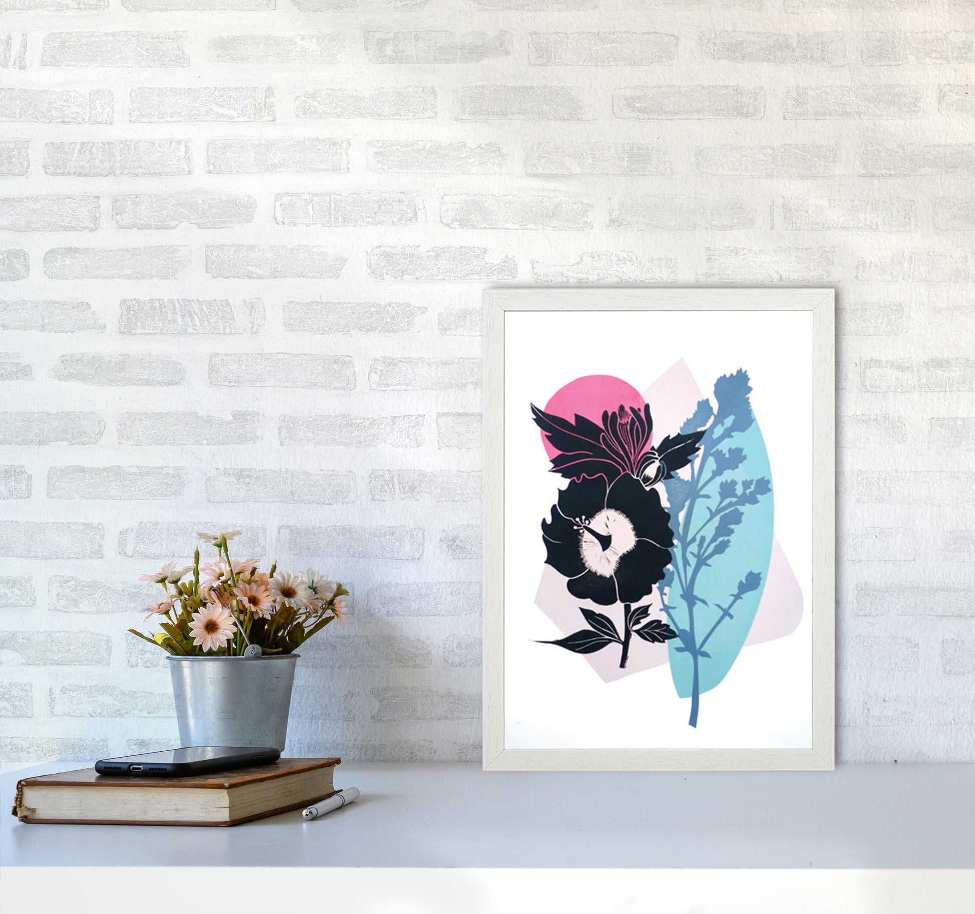 Hibiscus & Feverfew postcard Art Print by Kate Heiss A3 Oak Frame