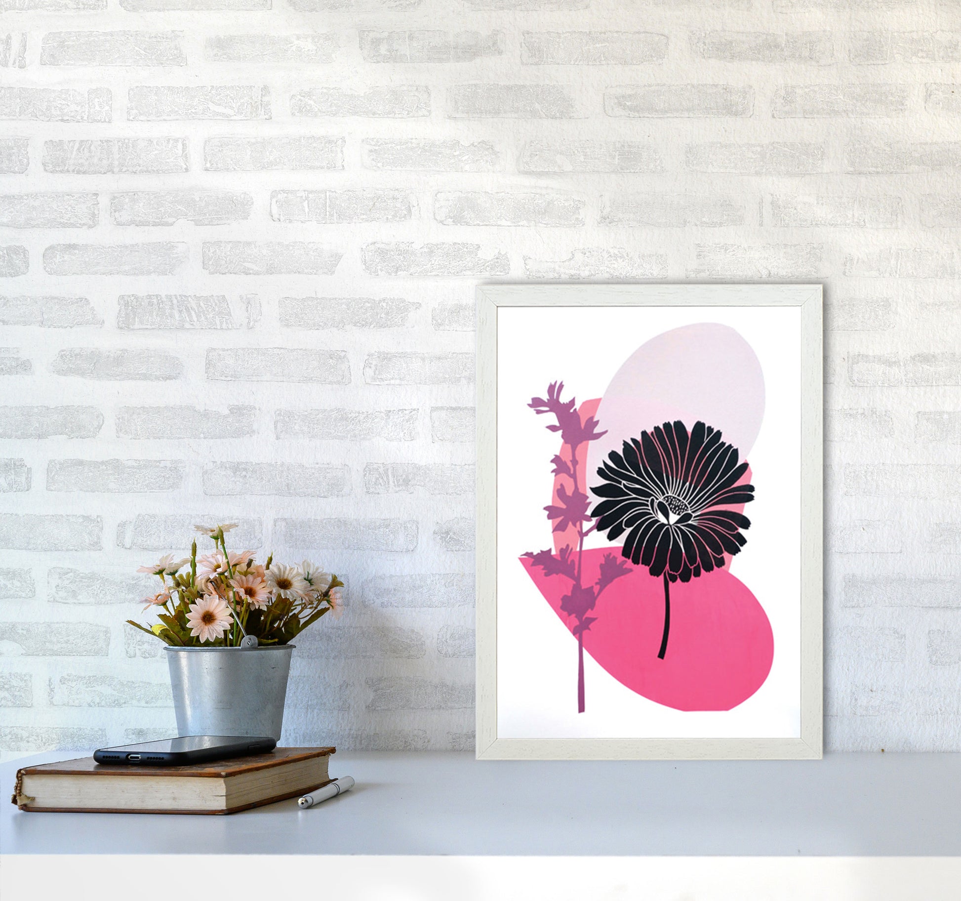 Calendula & Mallow Art Print by Kate Heiss A3 Oak Frame