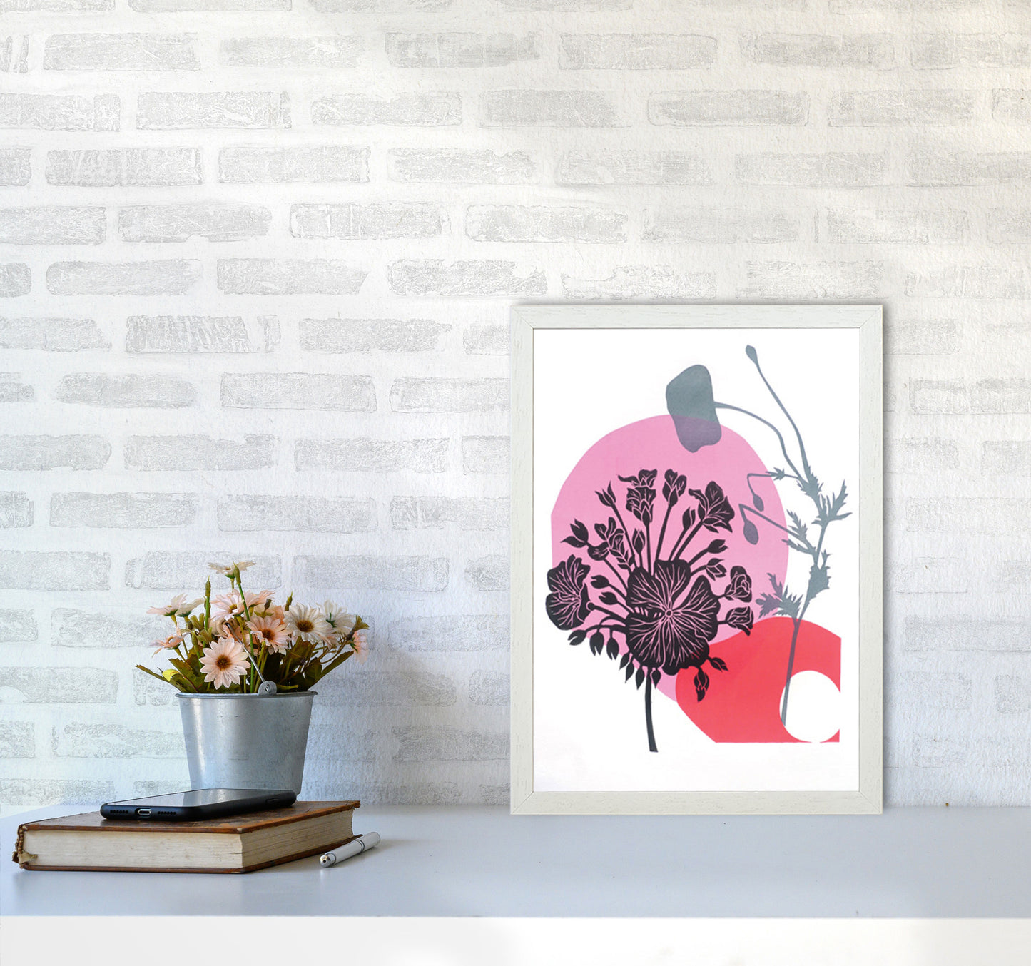 Geranium & Poppy Art Print by Kate Heiss A3 Oak Frame