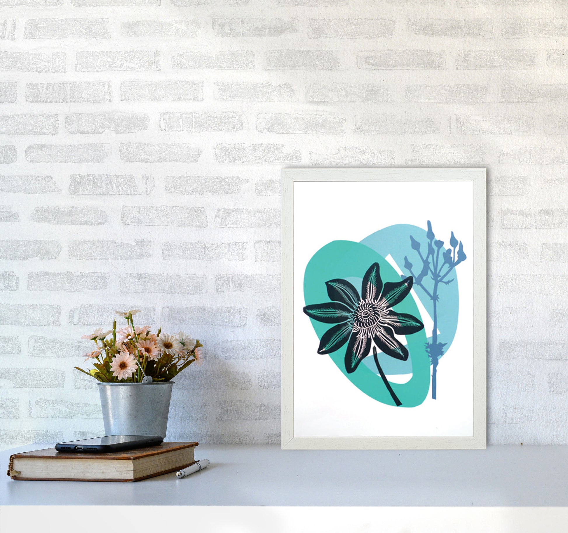 Clematis & Ragwort postcard Art Print by Kate Heiss A3 Oak Frame