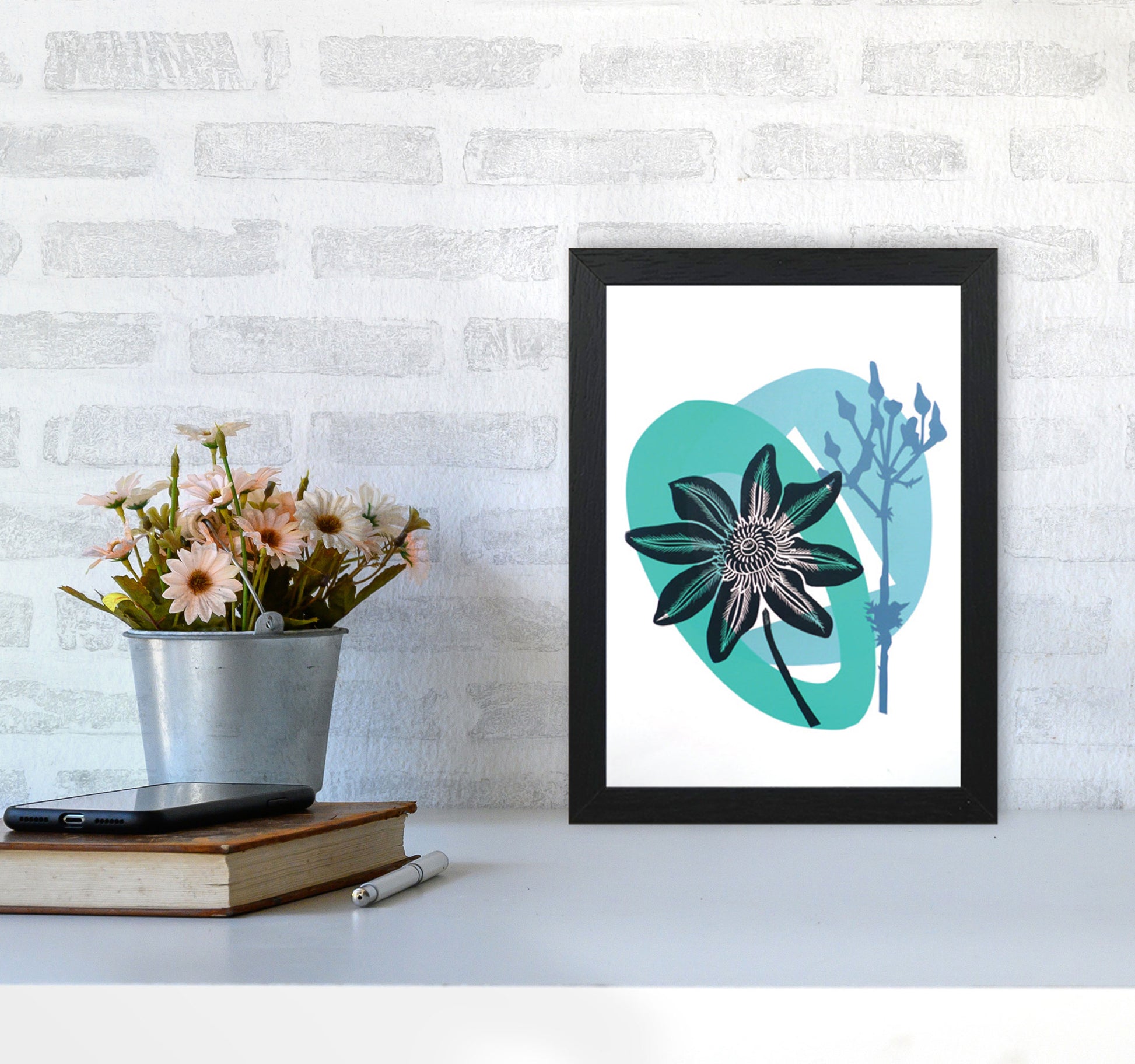 Clematis & Ragwort postcard Art Print by Kate Heiss A4 White Frame