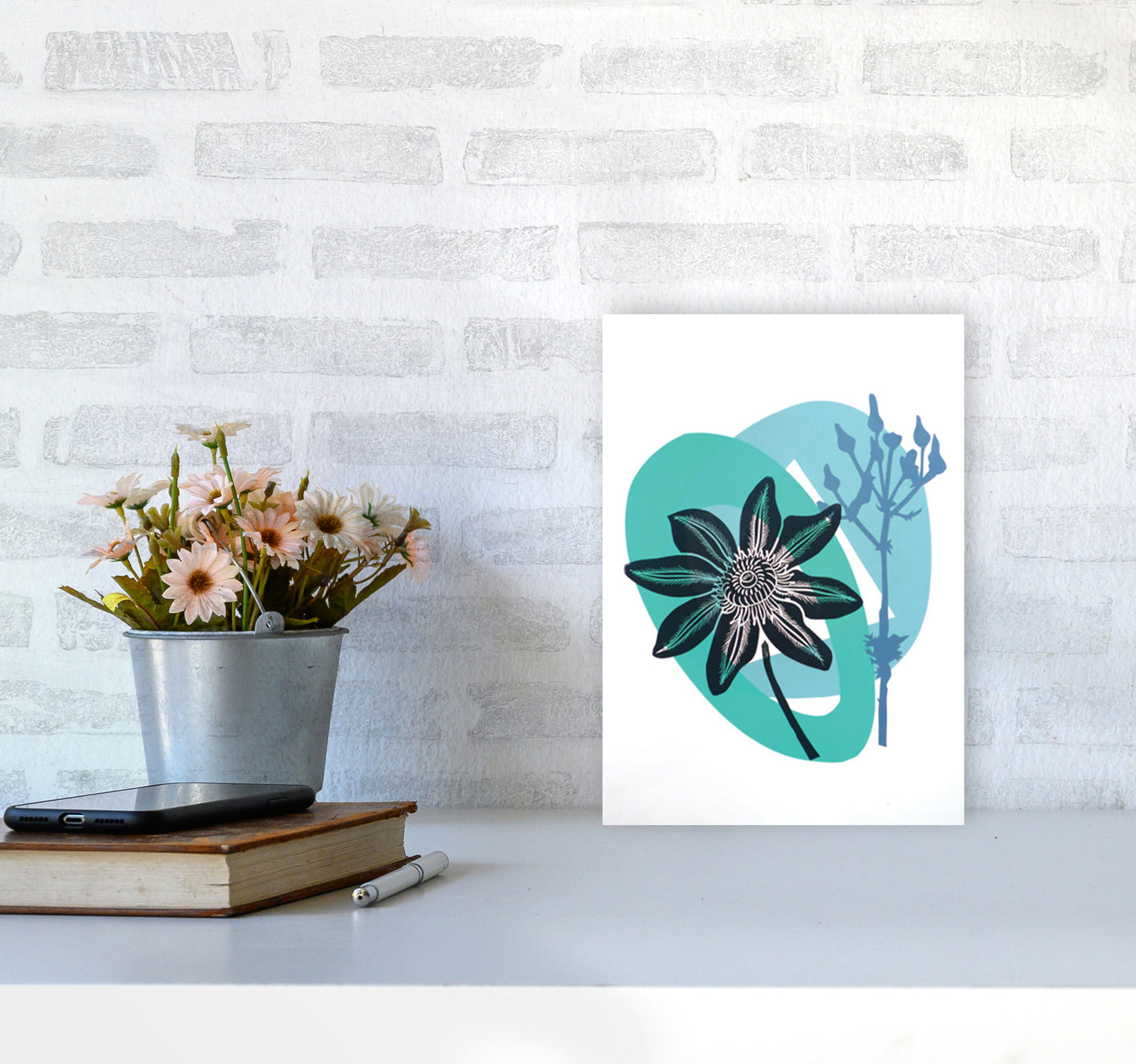 Clematis & Ragwort postcard Art Print by Kate Heiss A4 Black Frame