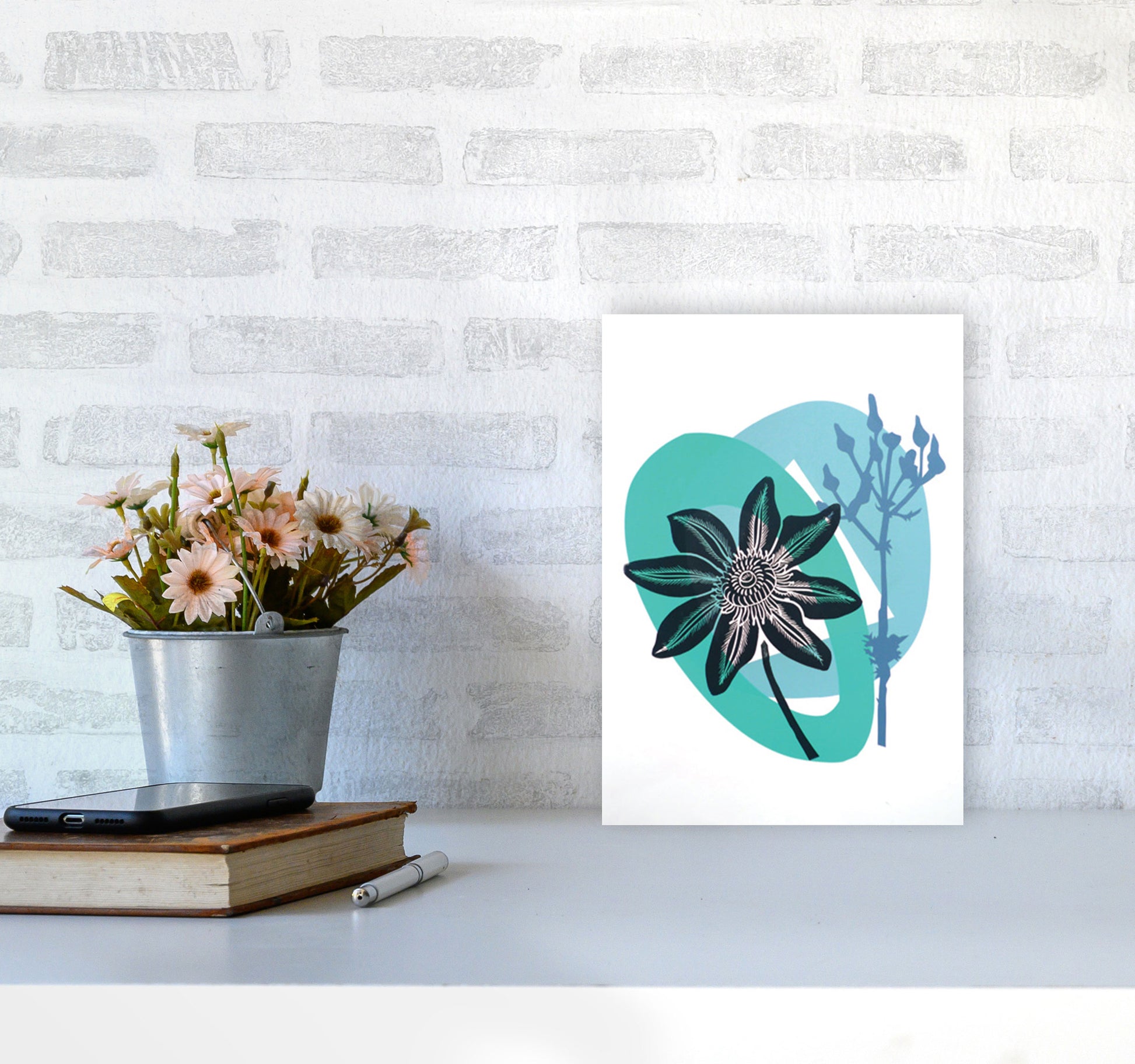 Clematis & Ragwort postcard Art Print by Kate Heiss A4 Black Frame