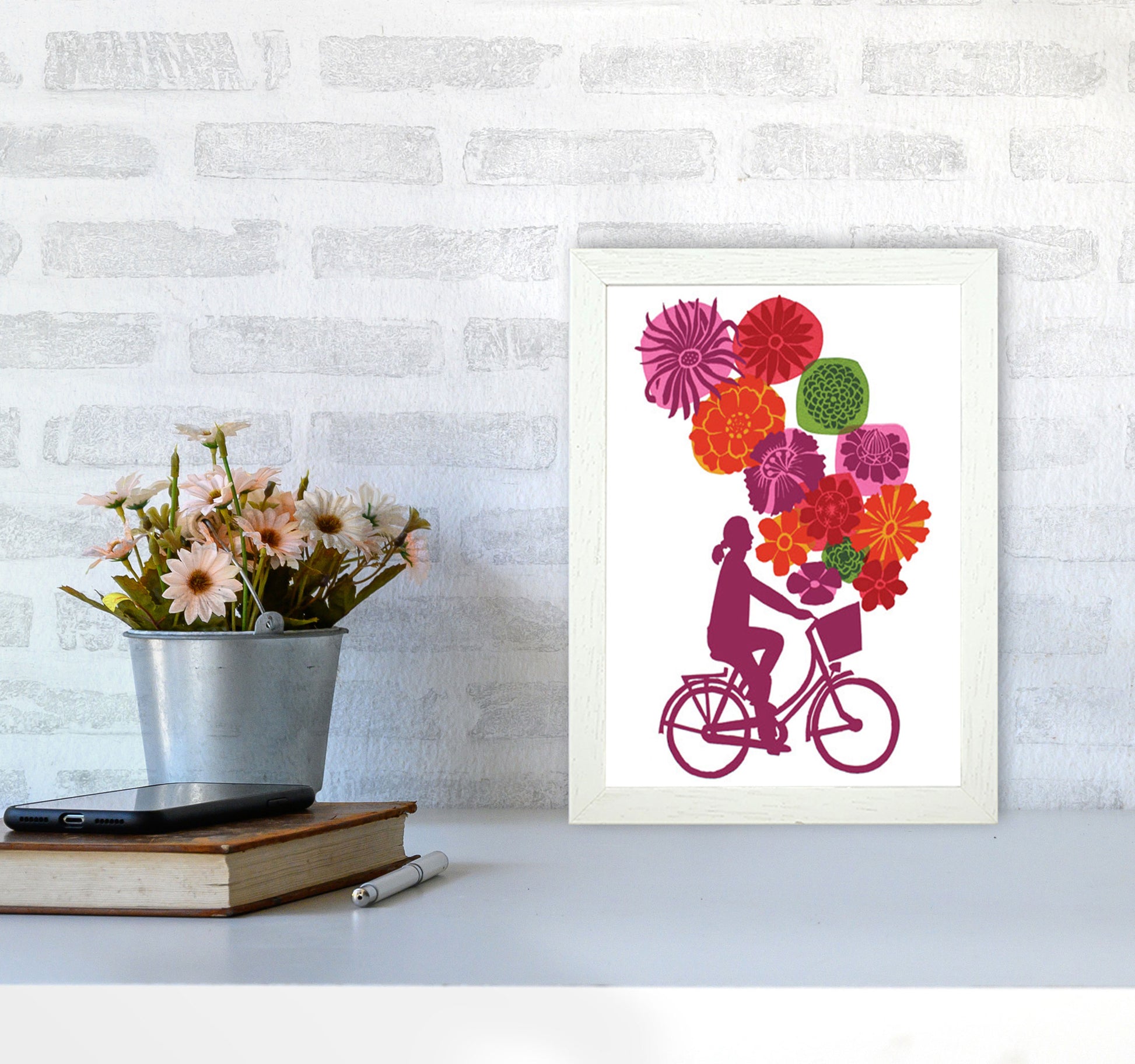 Bike Blooms Art Print by Kate Heiss A4 Oak Frame