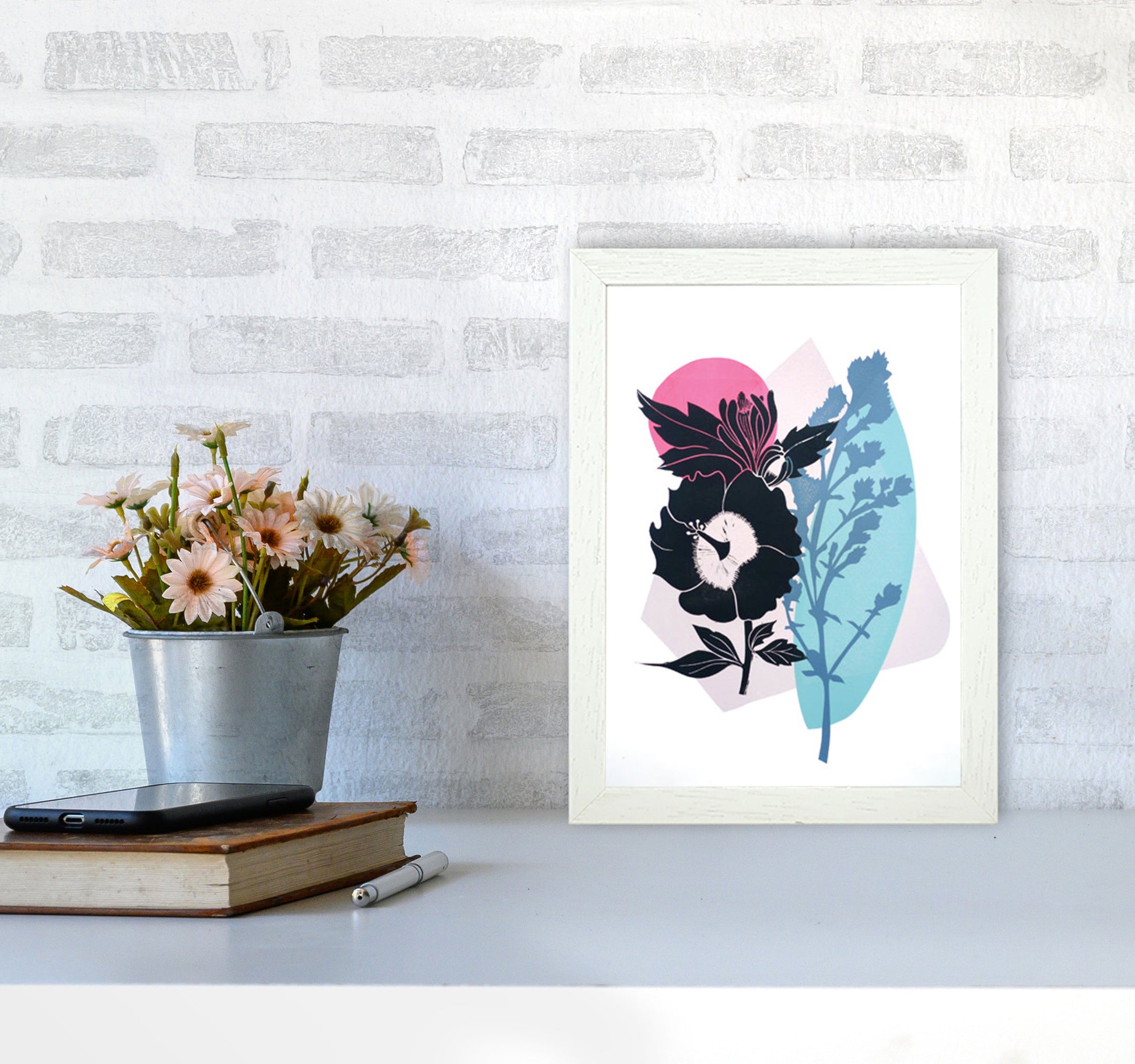Hibiscus & Feverfew postcard Art Print by Kate Heiss A4 Oak Frame