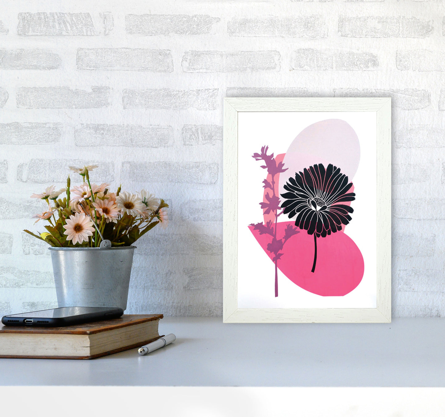 Calendula & Mallow Art Print by Kate Heiss A4 Oak Frame