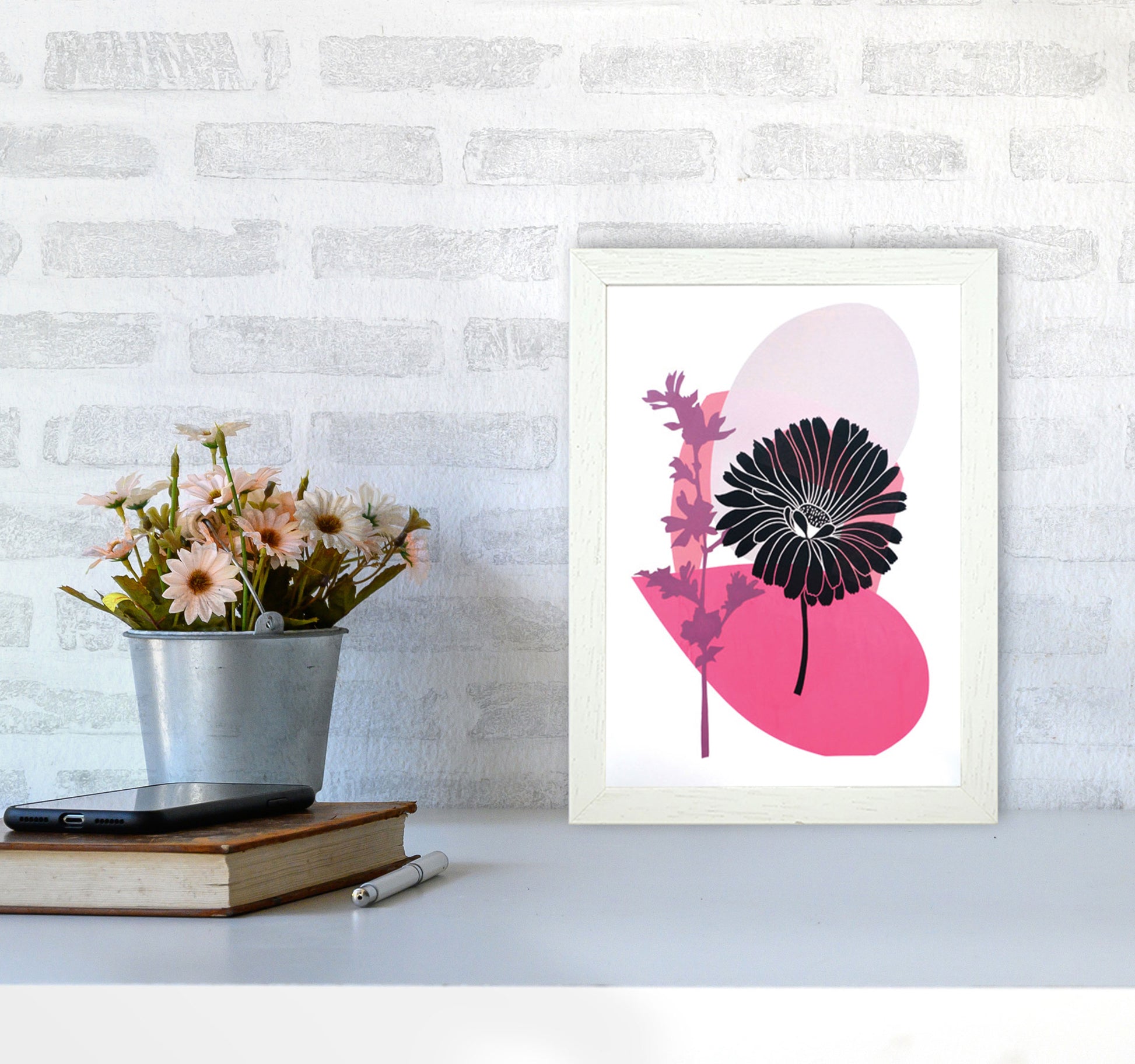 Calendula & Mallow Art Print by Kate Heiss A4 Oak Frame
