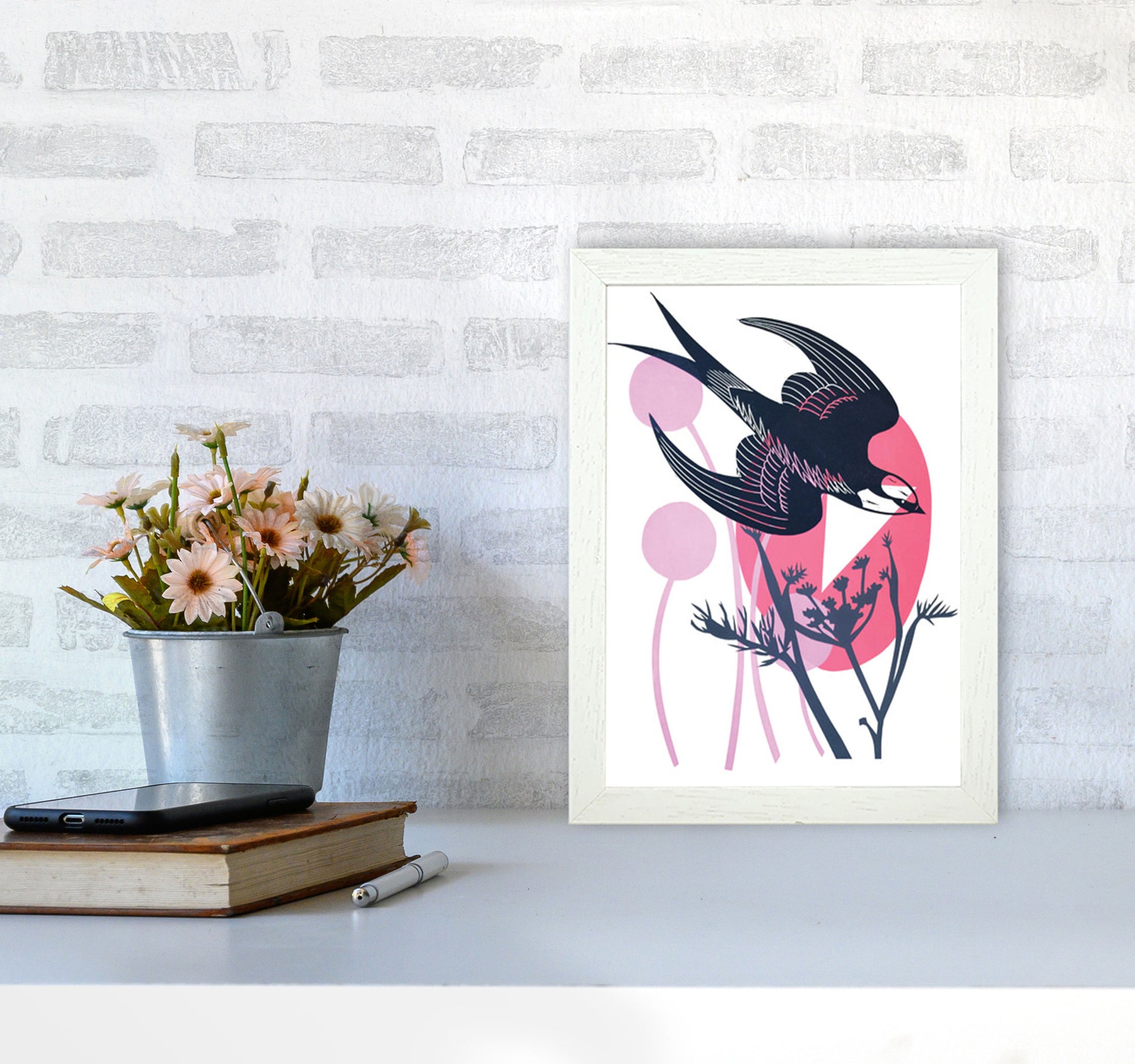 Swallow & Wild Fennel postcard Art Print by Kate Heiss A4 Oak Frame