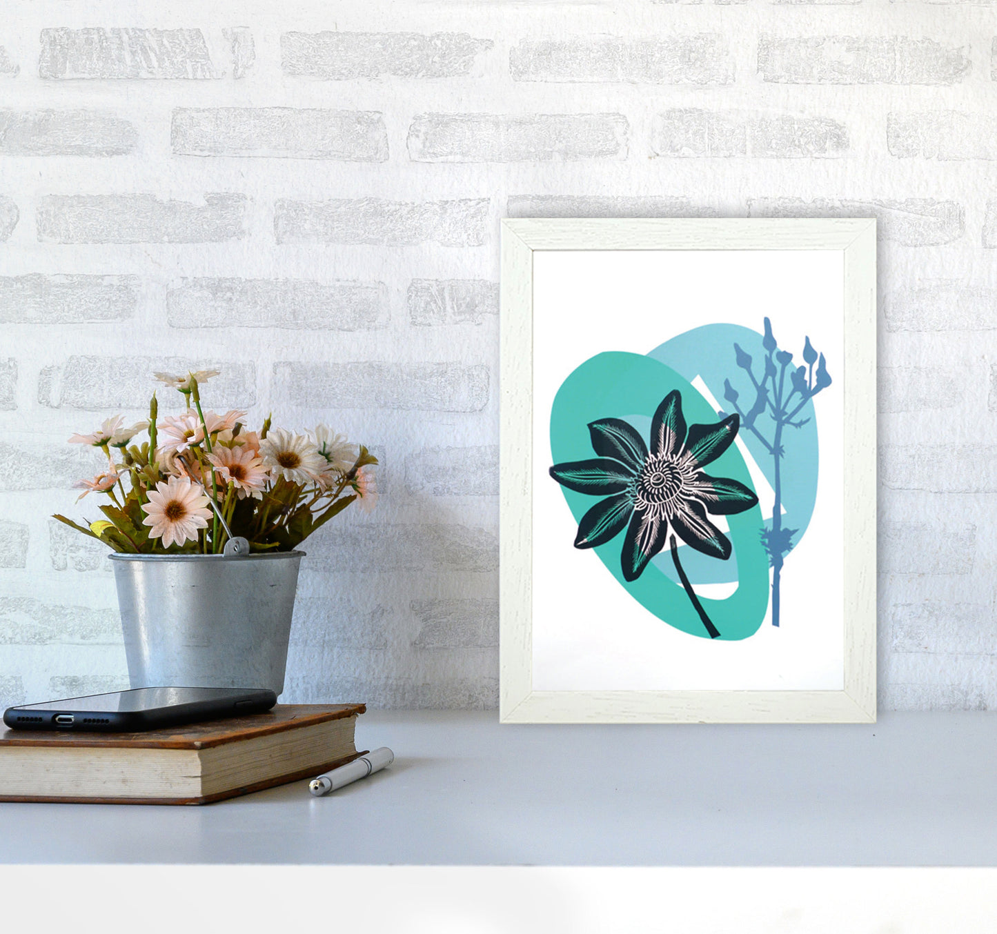 Clematis & Ragwort postcard Art Print by Kate Heiss A4 Oak Frame