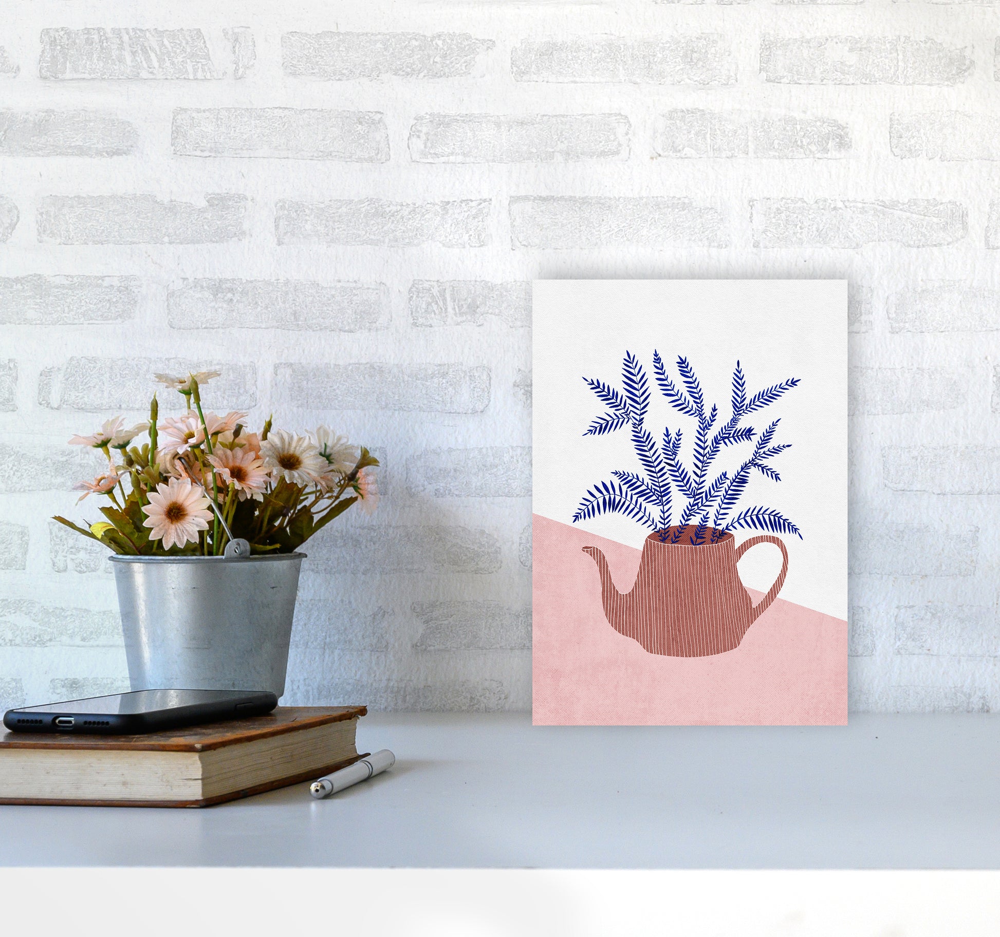 Teapot Planter Art Print by Kookiepixel A4 Black Frame