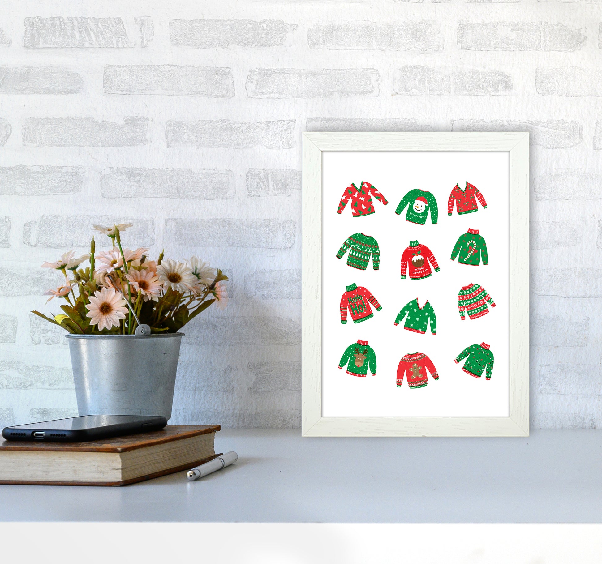 Christmas Jumpers Art Print by Kookiepixel A4 Oak Frame