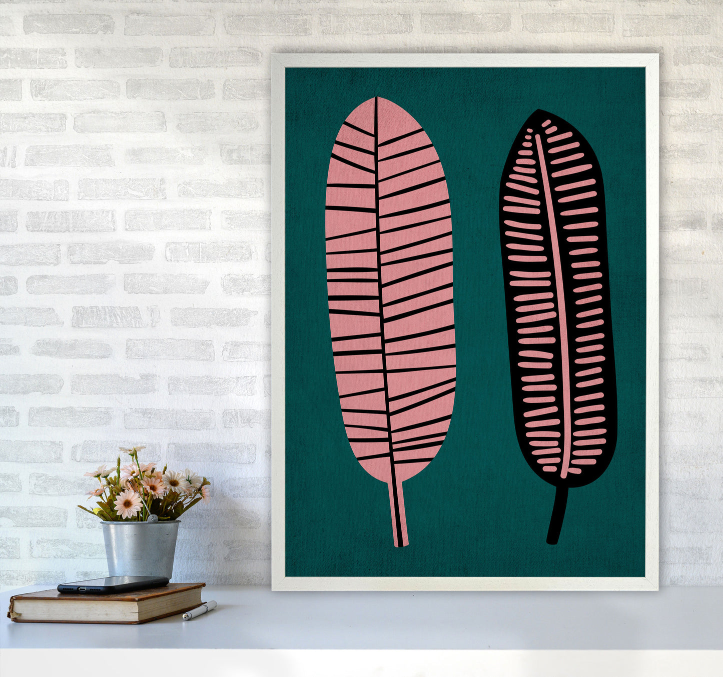Two Leafs Contemporary Art Print by Kubistika A1 Oak Frame