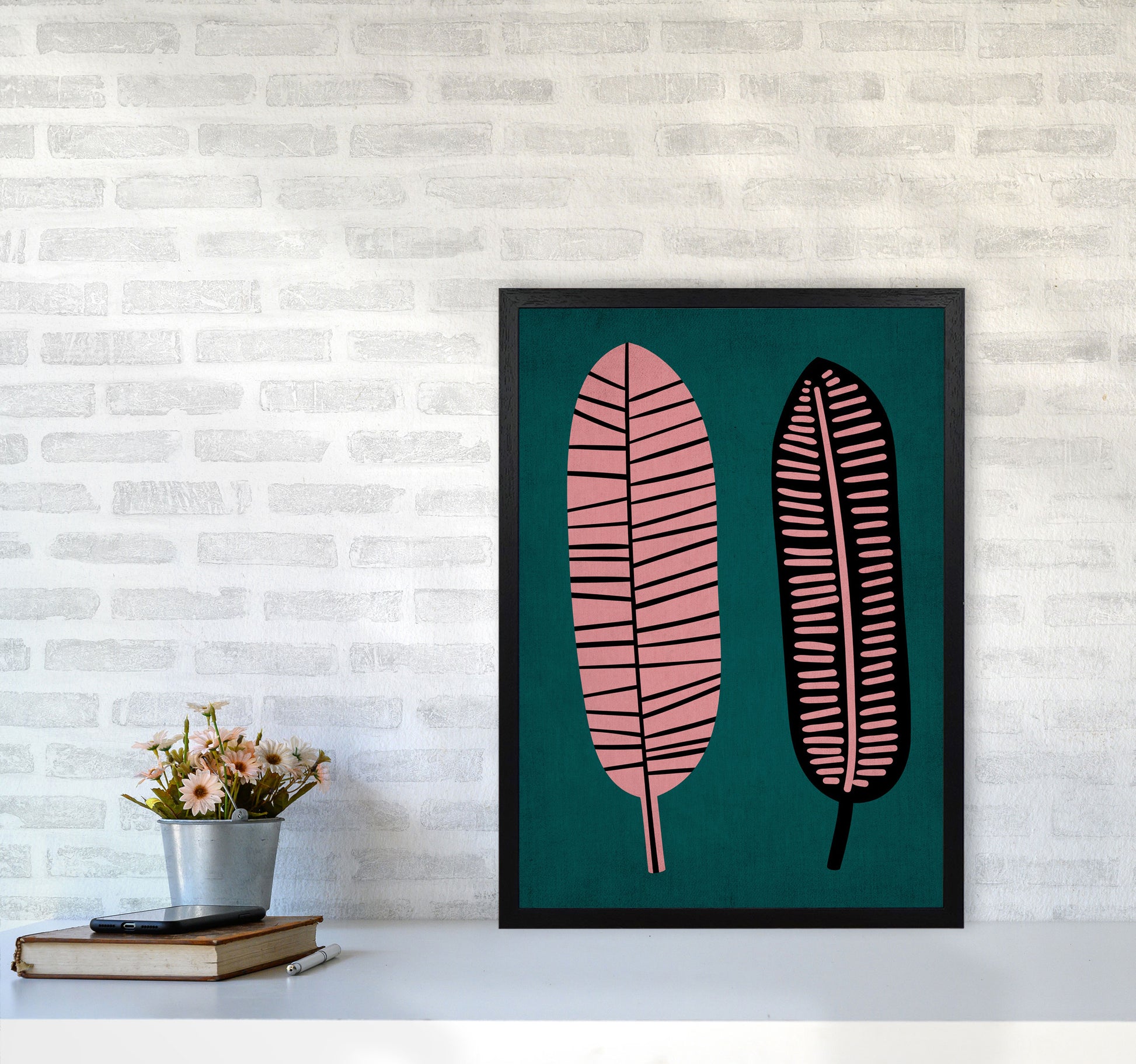 Two Leafs Contemporary Art Print by Kubistika A2 White Frame