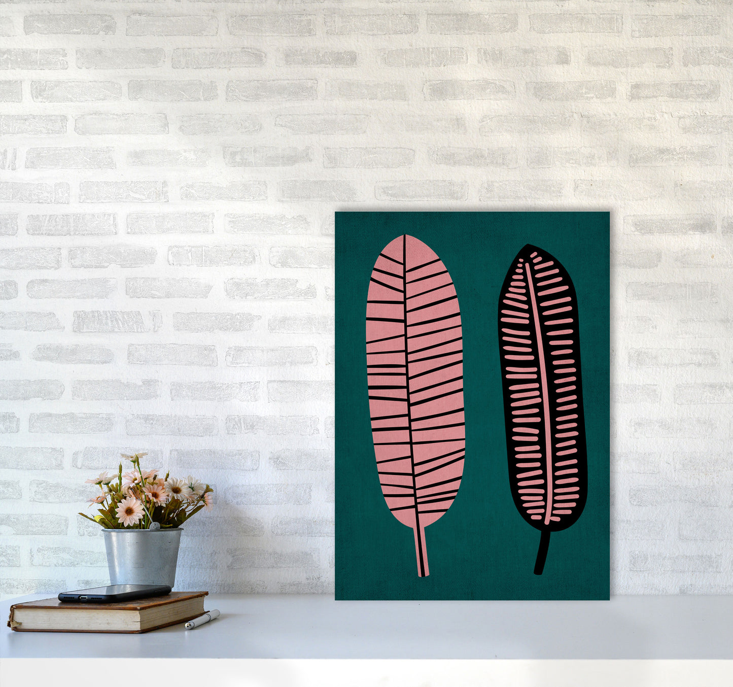 Two Leafs Contemporary Art Print by Kubistika A2 Black Frame