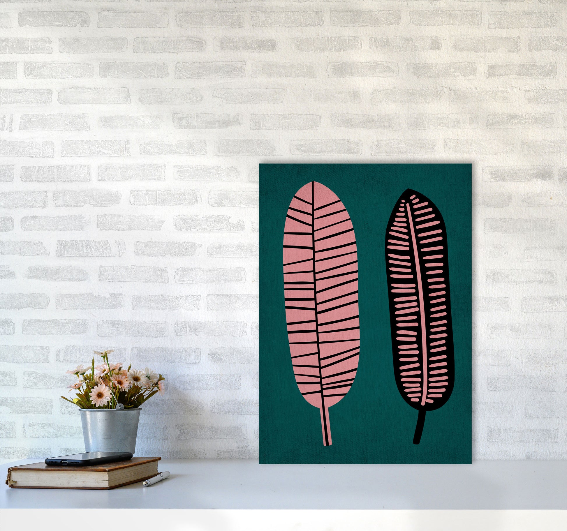 Two Leafs Contemporary Art Print by Kubistika A2 Black Frame
