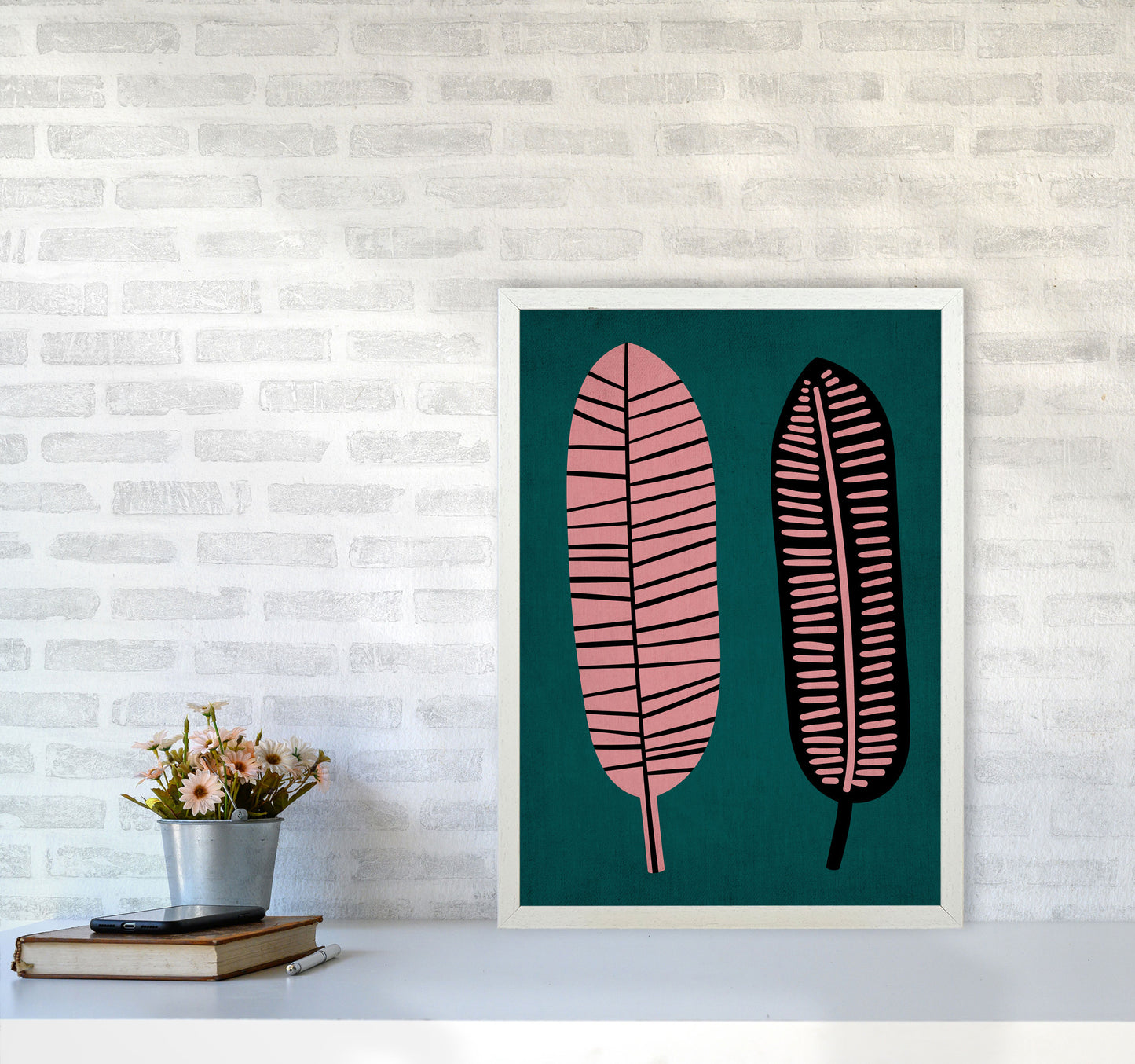 Two Leafs Contemporary Art Print by Kubistika A2 Oak Frame
