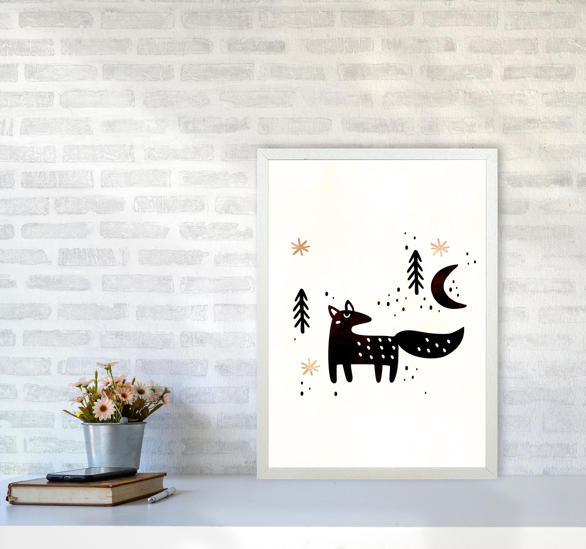 Little Winter Fox Nursery Childrens Art Print by Kubistika A2 Oak Frame