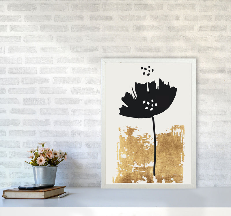 Black Poppy Floral Contemporary Art Print by Kubistika A2 Oak Frame