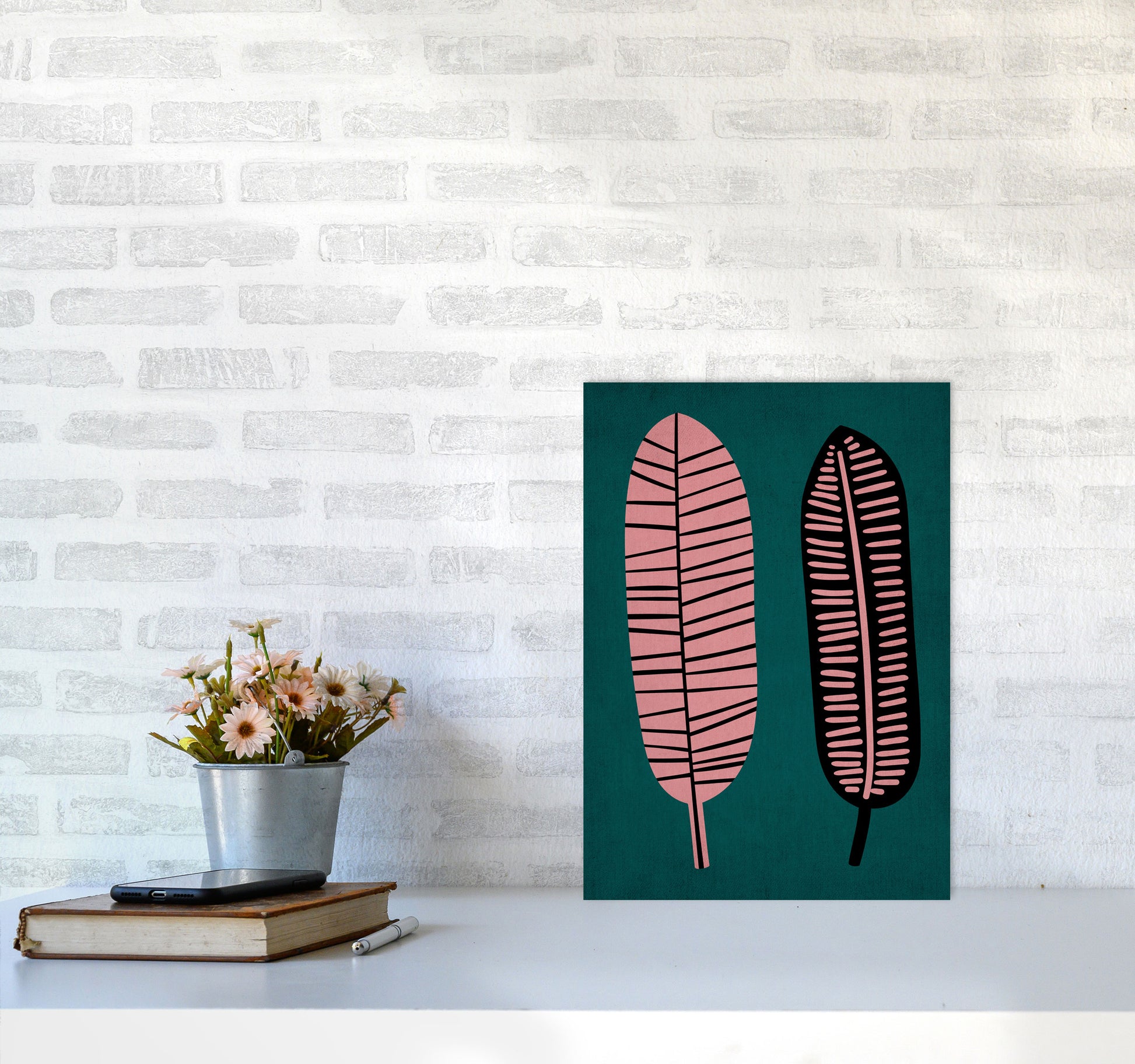 Two Leafs Contemporary Art Print by Kubistika A3 Black Frame