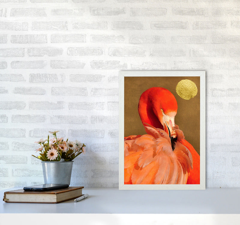 Flamingo With Golden Sun Animal Art Print by Kubistika A3 Oak Frame