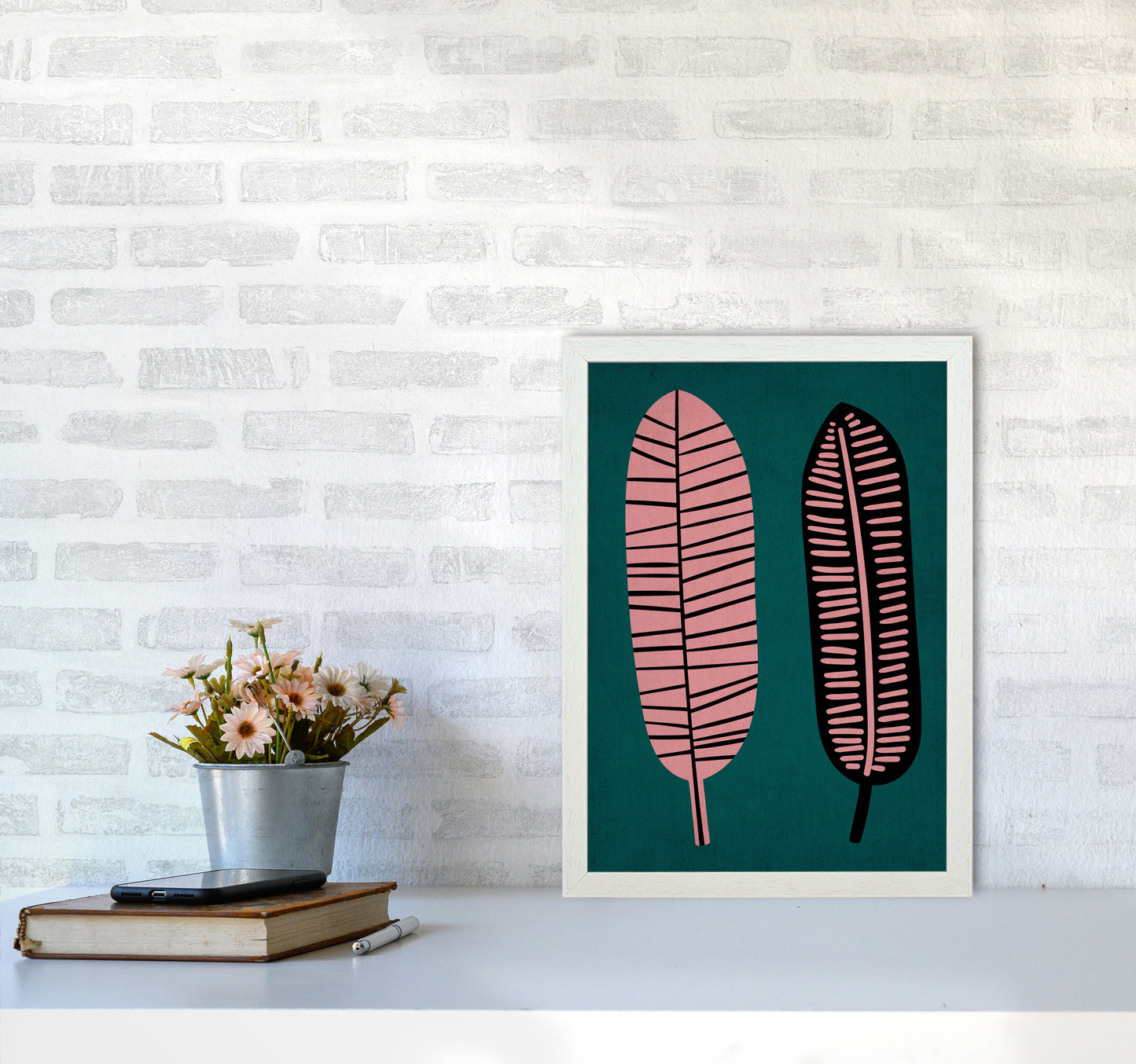Two Leafs Contemporary Art Print by Kubistika A3 Oak Frame