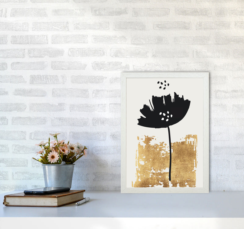 Black Poppy Floral Contemporary Art Print by Kubistika A3 Oak Frame