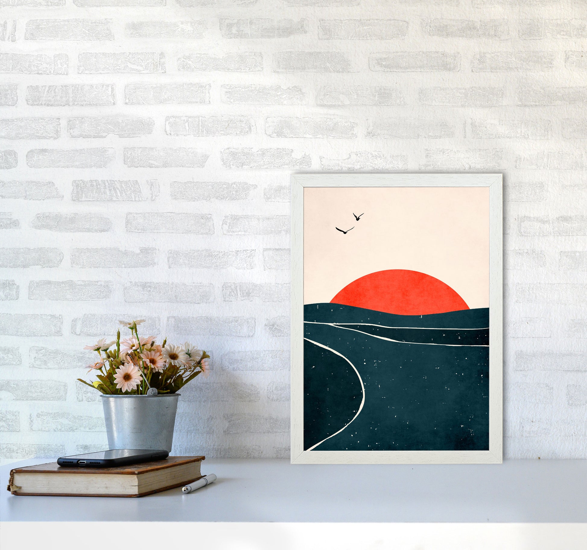 Doves And Waves Art Print by Kubistika A3 Oak Frame