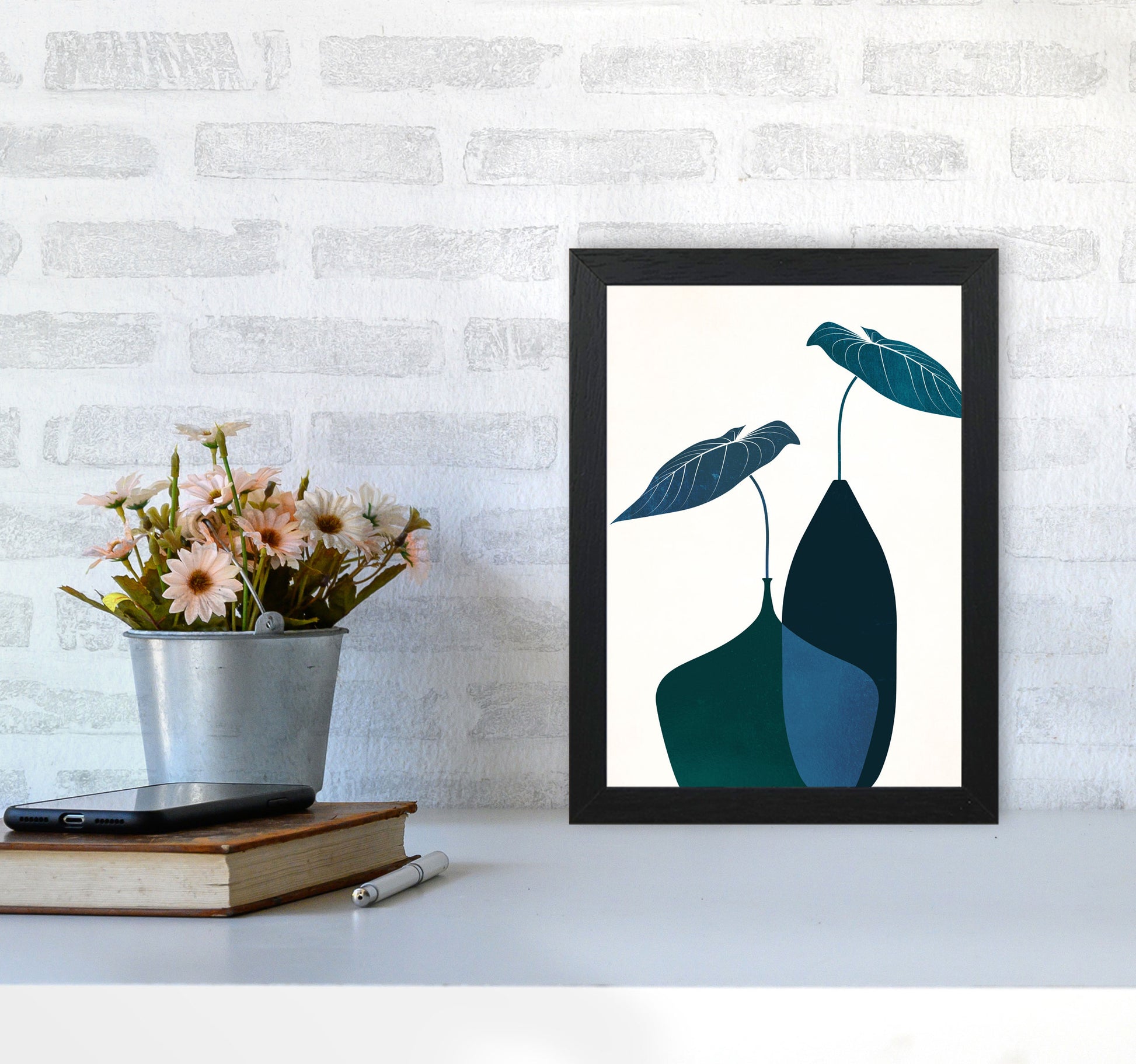 Scandinavian Bouquet-BLEU Contemporary Art Print by Kubistika A4 White Frame