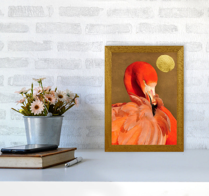 Flamingo With Golden Sun Animal Art Print by Kubistika A4 Print Only
