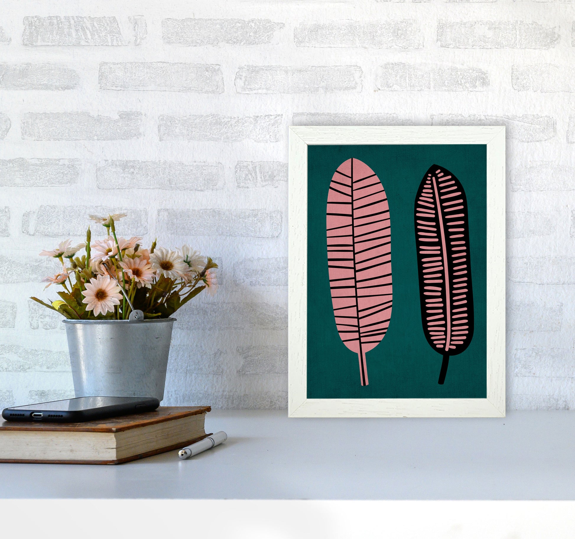 Two Leafs Contemporary Art Print by Kubistika A4 Oak Frame