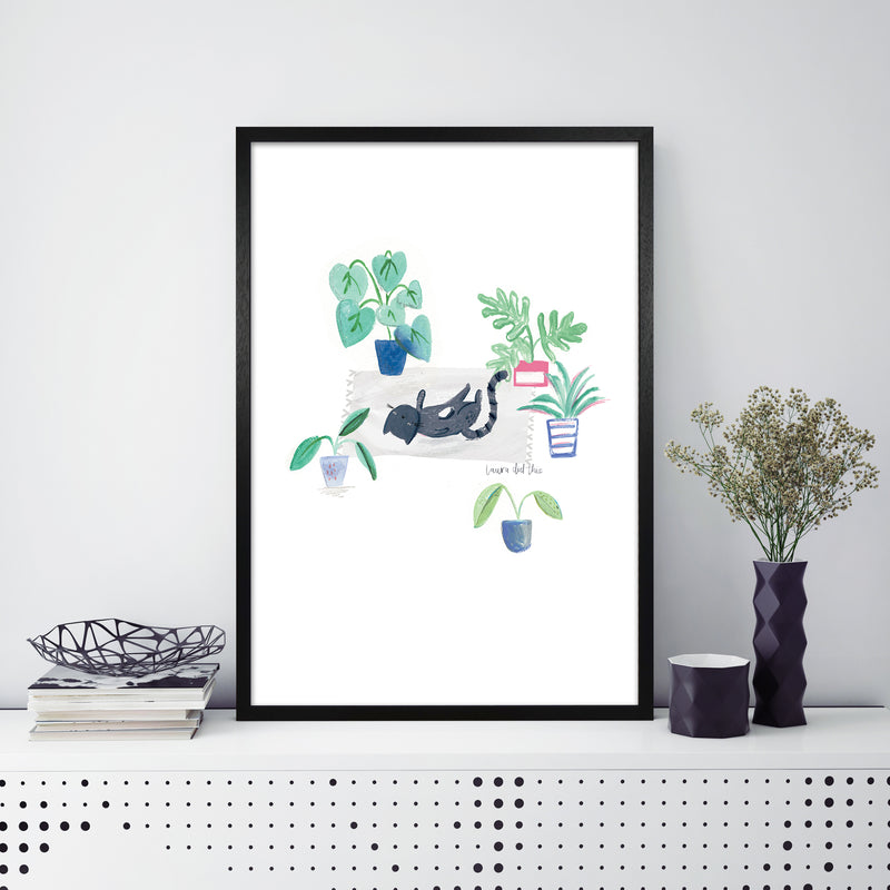 Laura Irwin Black Cat and House Plants A1 Black with White Mount