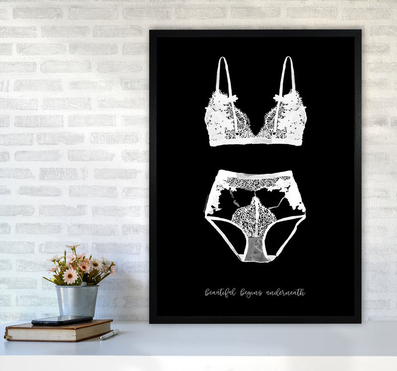 Beauty Begins Underneath Lingerie Black Modern Fashion Print A1 White Frame