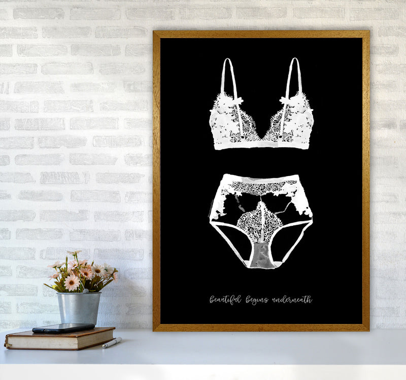 Beauty Begins Underneath Lingerie Black Modern Fashion Print A1 Print Only