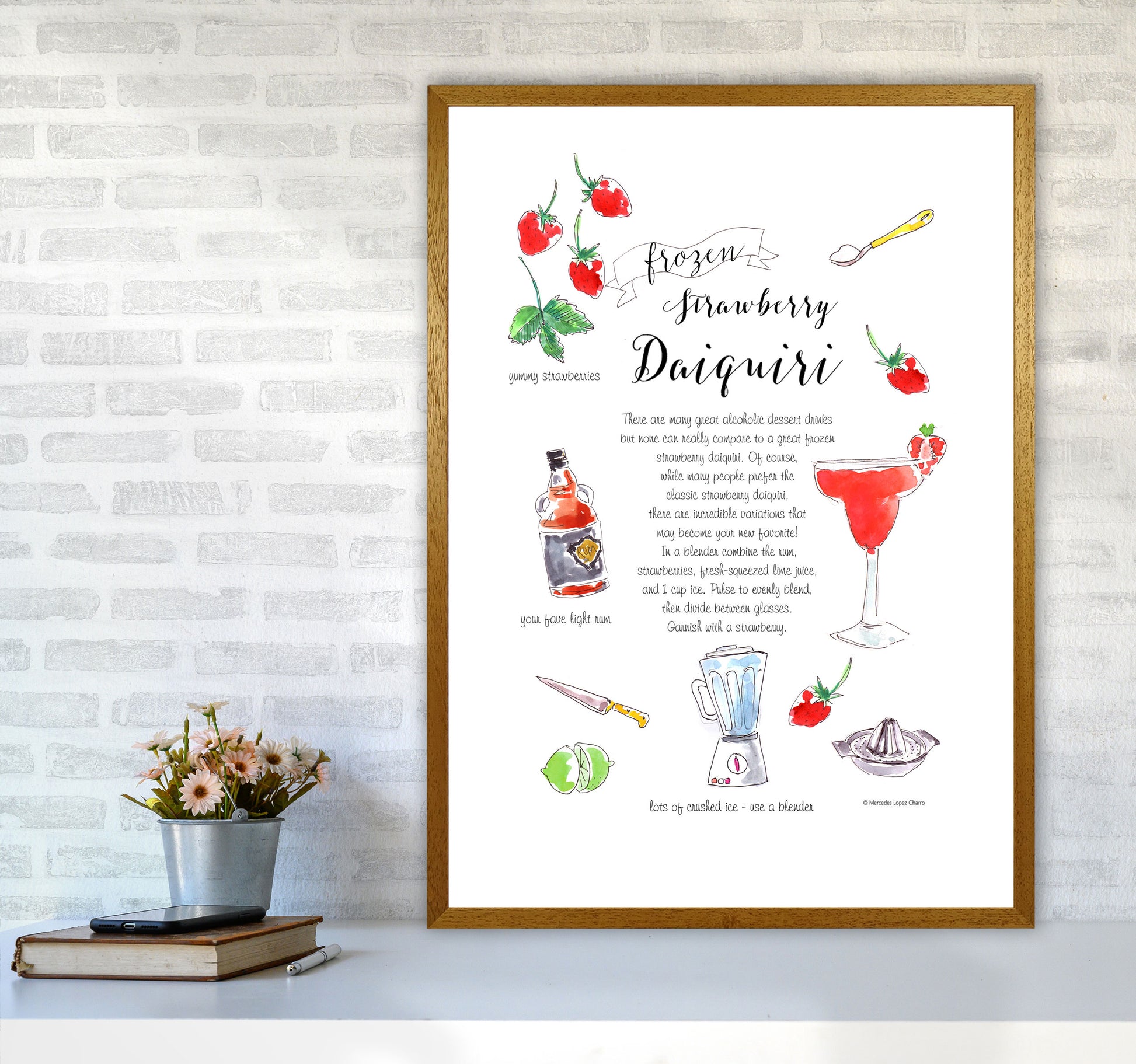 Strawberry Daiquiri Cocktail Recipe, Kitchen Food & Drink Art Prints A1 Print Only