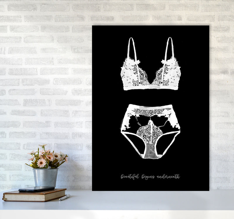 Beauty Begins Underneath Lingerie Black Modern Fashion Print A1 Black Frame