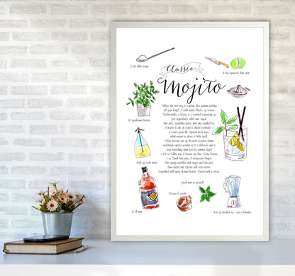 Mojito Cocktail Recipe, Kitchen Food & Drink Art Prints A1 Oak Frame