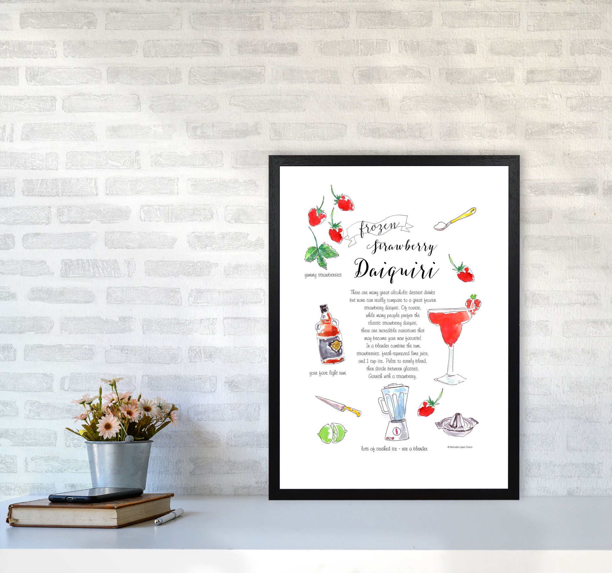 Strawberry Daiquiri Cocktail Recipe, Kitchen Food & Drink Art Prints A2 White Frame