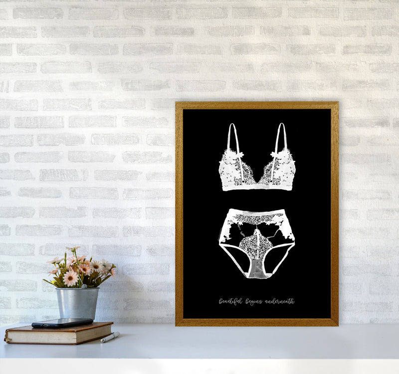 Beauty Begins Underneath Lingerie Black Modern Fashion Print A2 Print Only